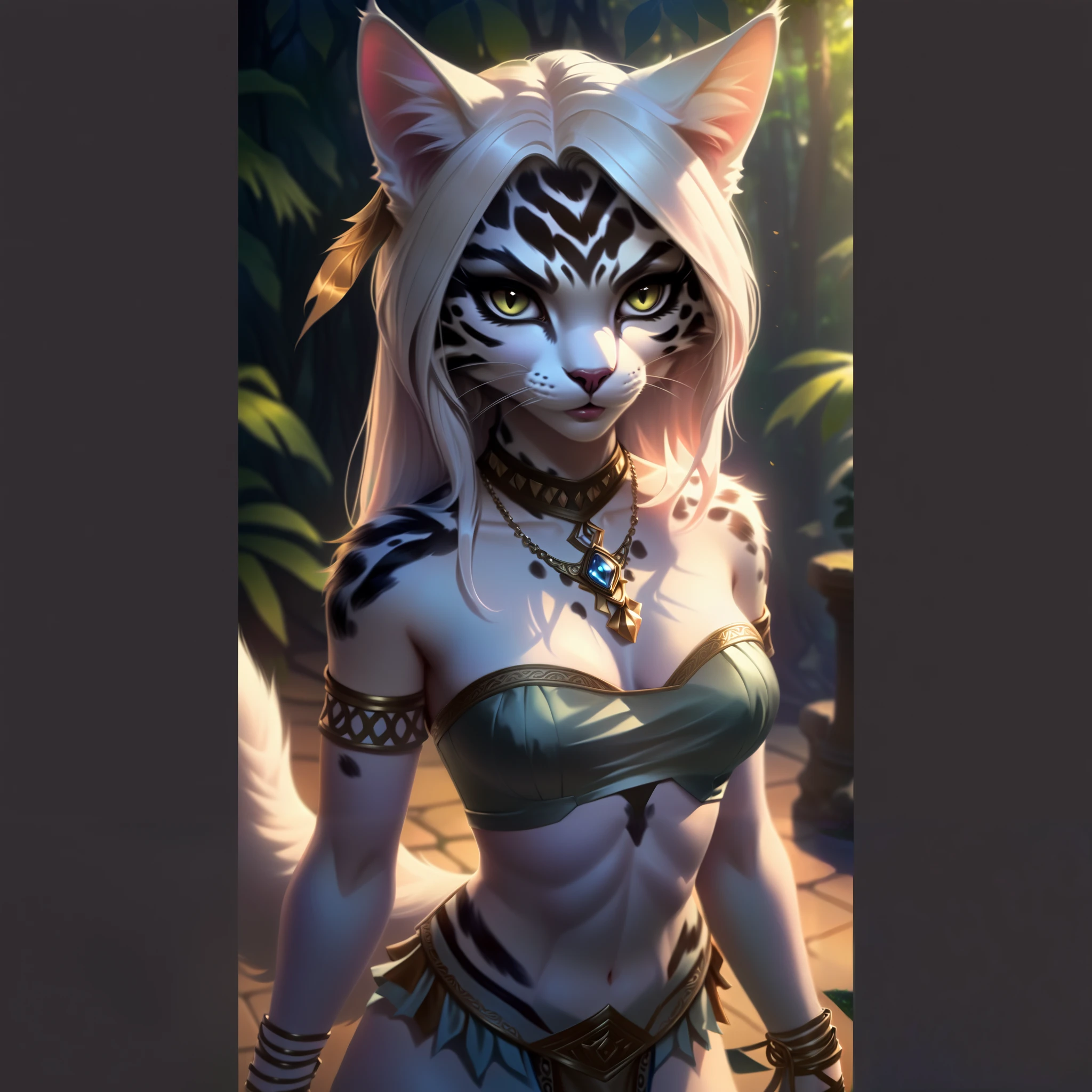 A woman with a cat's face and a dress, full view , anthropomorphic art, furry fantasy art, anthropomorphic cat,black and white artgerm extremely detailed, samira da league of legends, Of sorcerer black and white leopard anthropomorphic, wlop rossdraws, anthropomorphic portrait, beautiful young black and white cat girl, detailed art of high quality 8k, artgerm e rossdraws nella foresta
