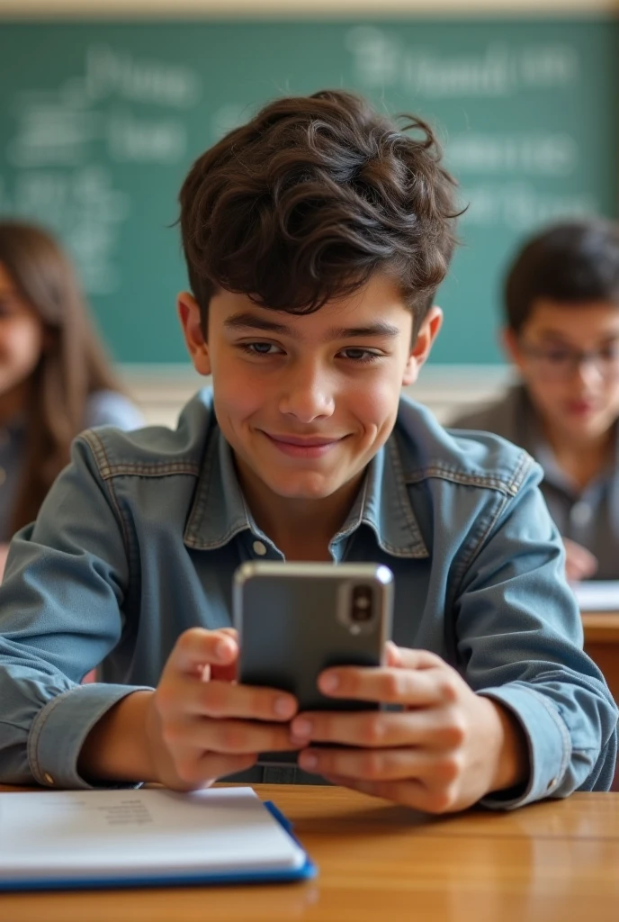 Image of a cheerful  boy playing on a horizontal phone in a classroom