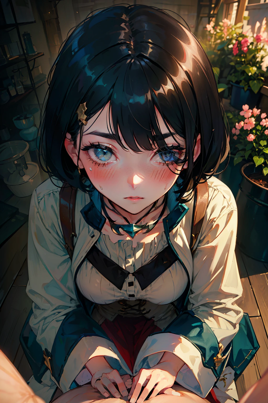 shot from directly above with bangs、face close up,Sophie、 atelier 、Sophieの atelier 、 black hair、bangs hide one eye、 Barbell Alchemist、kneel、blowjob、blush、sweat、