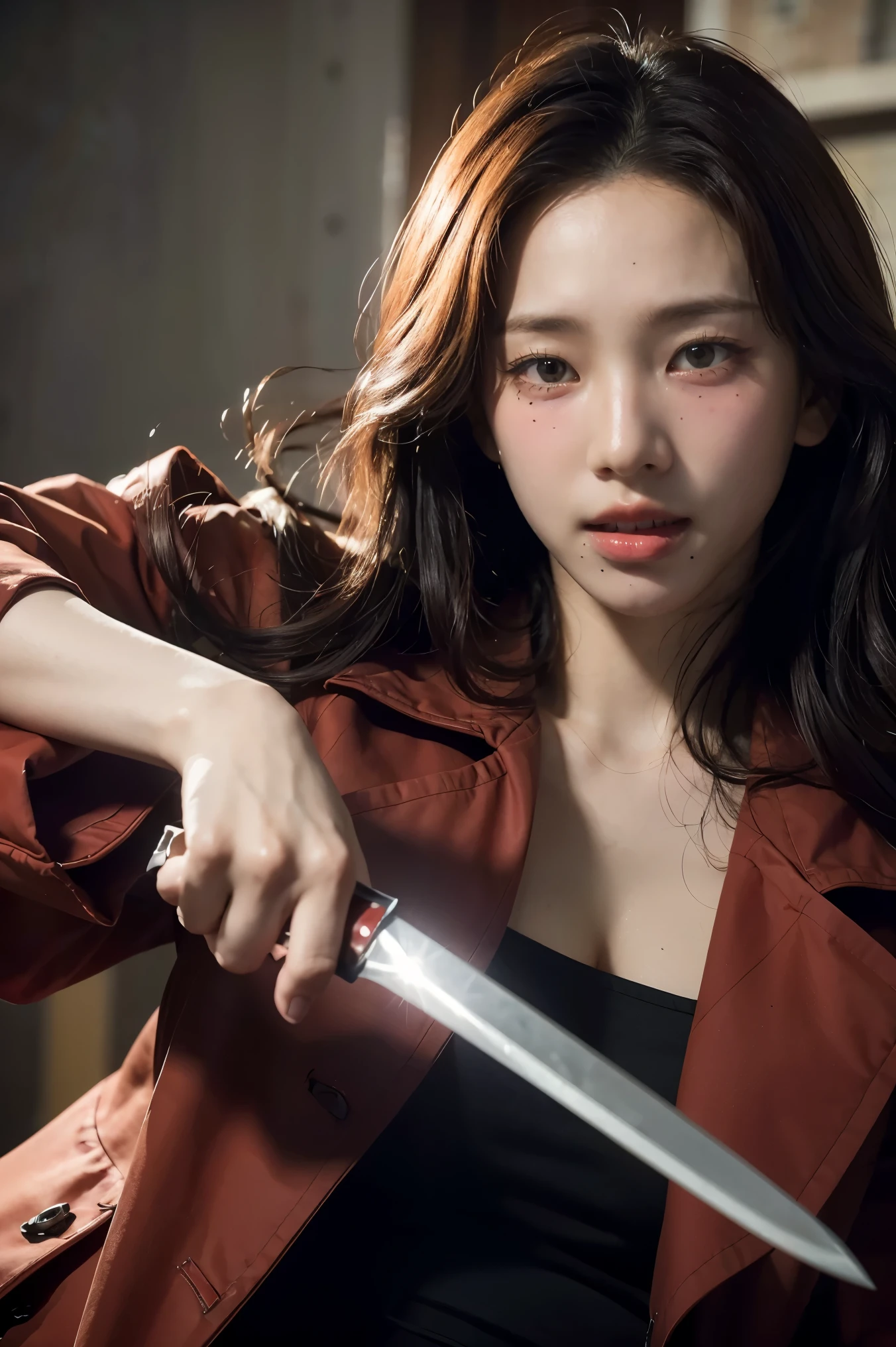 (best quality,4k,8k,highres,masterpiece:1.2),ultra-detailed,(realistic,photorealistic,photo-realistic:1.37),war,slaughter,abundant bloodstains,close-up shot,lady,long sword,gun,trench coat,beautiful face,sharp gaze,delicate,detailed,2.5D,grand,determined will,shot in the middle of battle,red-eyed,ferocious,gritted teeth,long knife