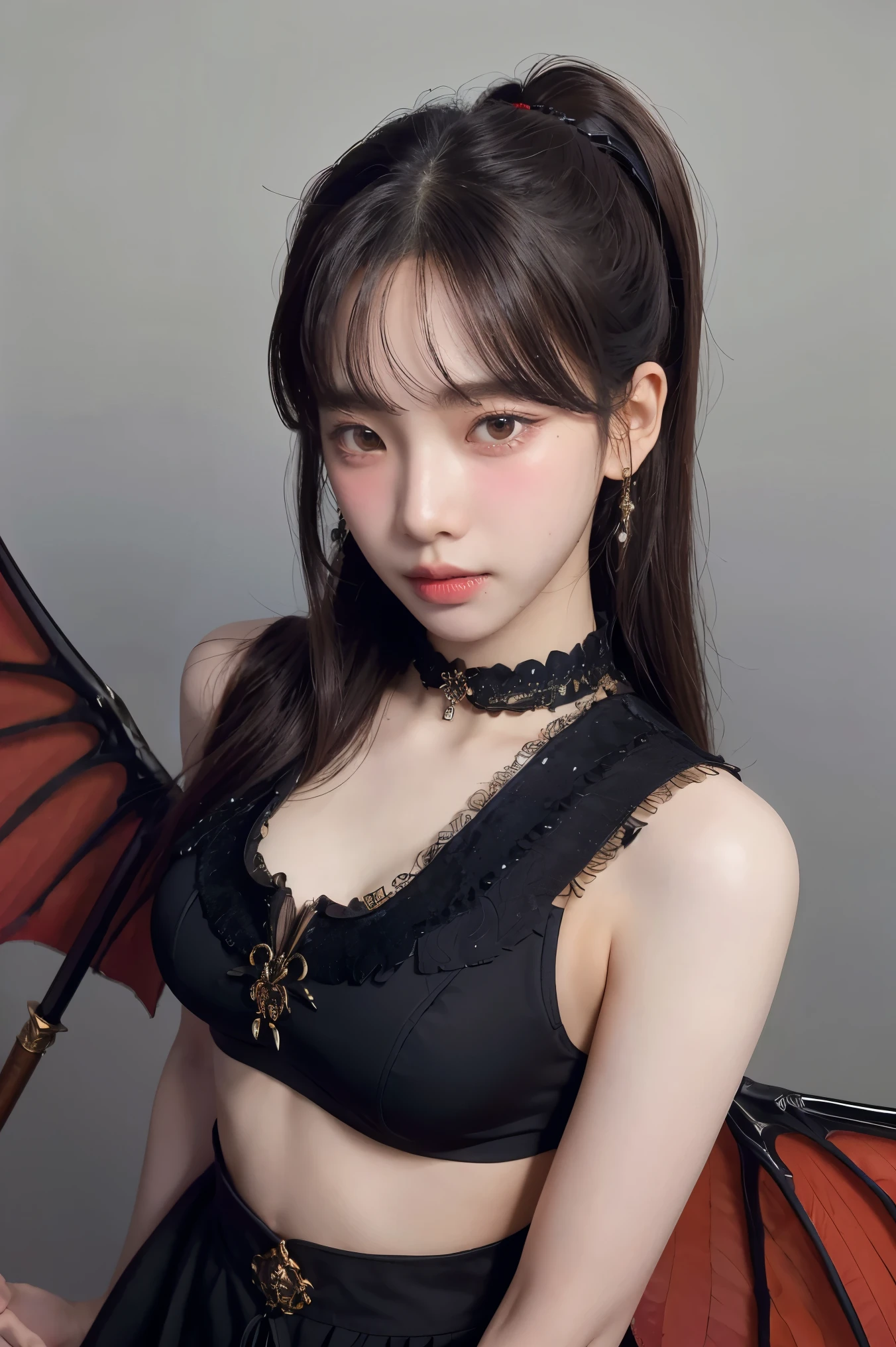 (masterpiece), (best quality), (detailed), light layer, lustrous skin, (intricate detailed , taut clothes, , demon wings,hair ornament :1.2), from above, black hair, black choker, long hair, hime cut, woman, blunt bangs, sidelocks, red eyes, holding quarterstaff,holding scythe,holding sword, (mature female:1.1), [uncensored, NSFW, nipples], side-ponytails  (simple background:1.1),  