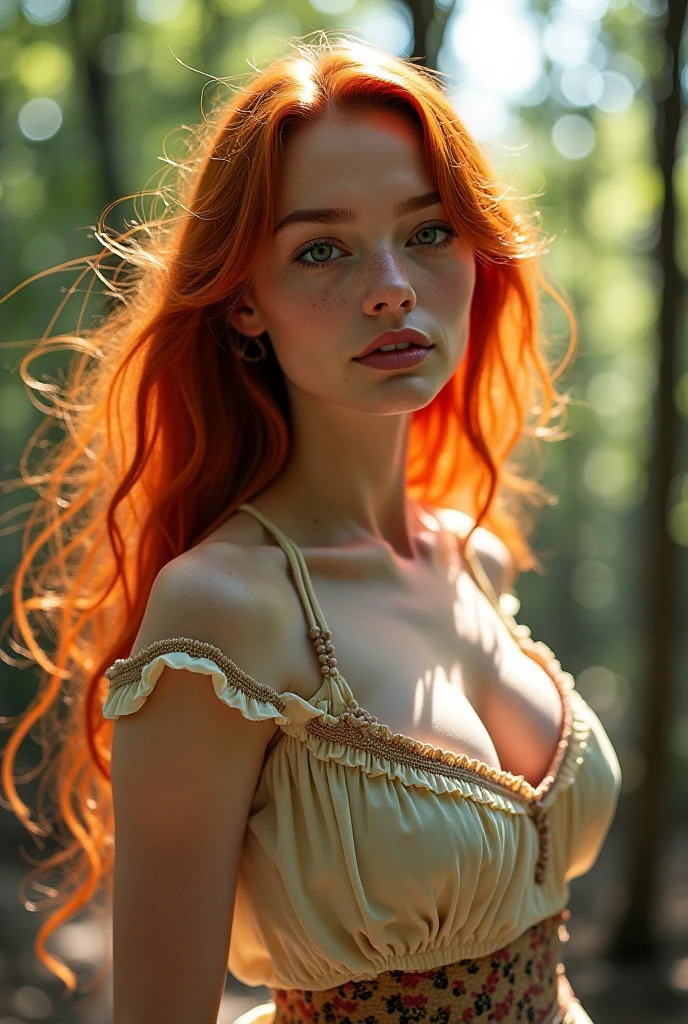 (8k, RAW photo, highest quality) a portrait of a 30-year-old redhead, framing from the navel, some small freckles, dressed in a tattered nightie, straps dropped, peeled, leaning against a tree in the wilderness, goosebumps, cinematic, faded colors, dark shot, muted colors, grainy film, lut, crazy details,  intricate details, hyperdetailed, sunset, shyness, seduction, romance, looks at the camera lens lovingly, f 13, no hand visible