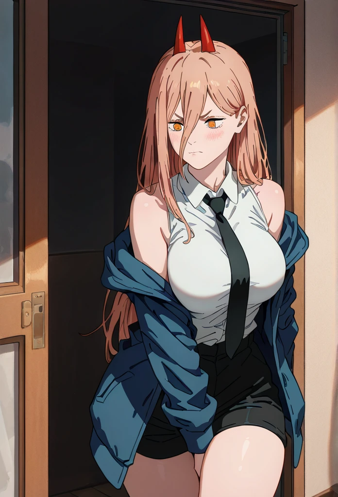   high resolution image  ,  masterpiece,  the beSt quality,  incredible quality , alone , 1 girl, Power de Chainsaw Man, 1 girl, 1girl, Power,  black tie,  blue jacket, mouth shut, collared shirt, hood, looking at the spectator, upper body, camisa blanca, bare shoulders, orange eyes, Very big breasts, ,wide thighs, pose sexy