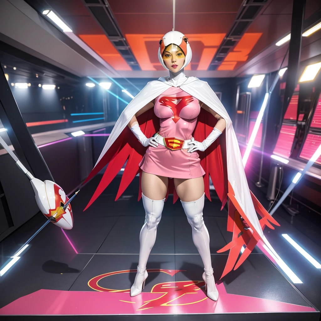 A girl in pink Gatchaman costume, long boots, long gloves, standing, one leg up, detailed face, H3JTS, giga_busty, best quality, 4k, 8k, highres, masterpiece:1.2, ultra-detailed, realistic, photorealistic, photo-realistic:1.37, HDR, UHD, studio lighting, ultra-fine painting, sharp focus, physically-based rendering, extreme detail description, professional, vivid colors, bokeh, concept art