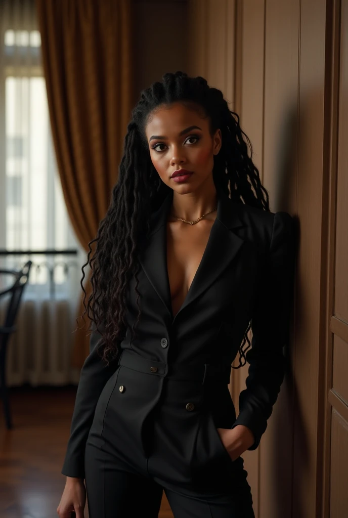 
15-year-old black girl, long black hair, black eyes, dark complexion, dark skin, seductive appearance, slim, small breasts, red elegant shirt ((red shirt for suit: 1.2)) long black elegant pants, stylish, old historic law office, girl poses for photos, spot lighting, dark very long hair, shallow depth of field, plain background, looking at the viewer, with superiority, seriousness, arrogance.