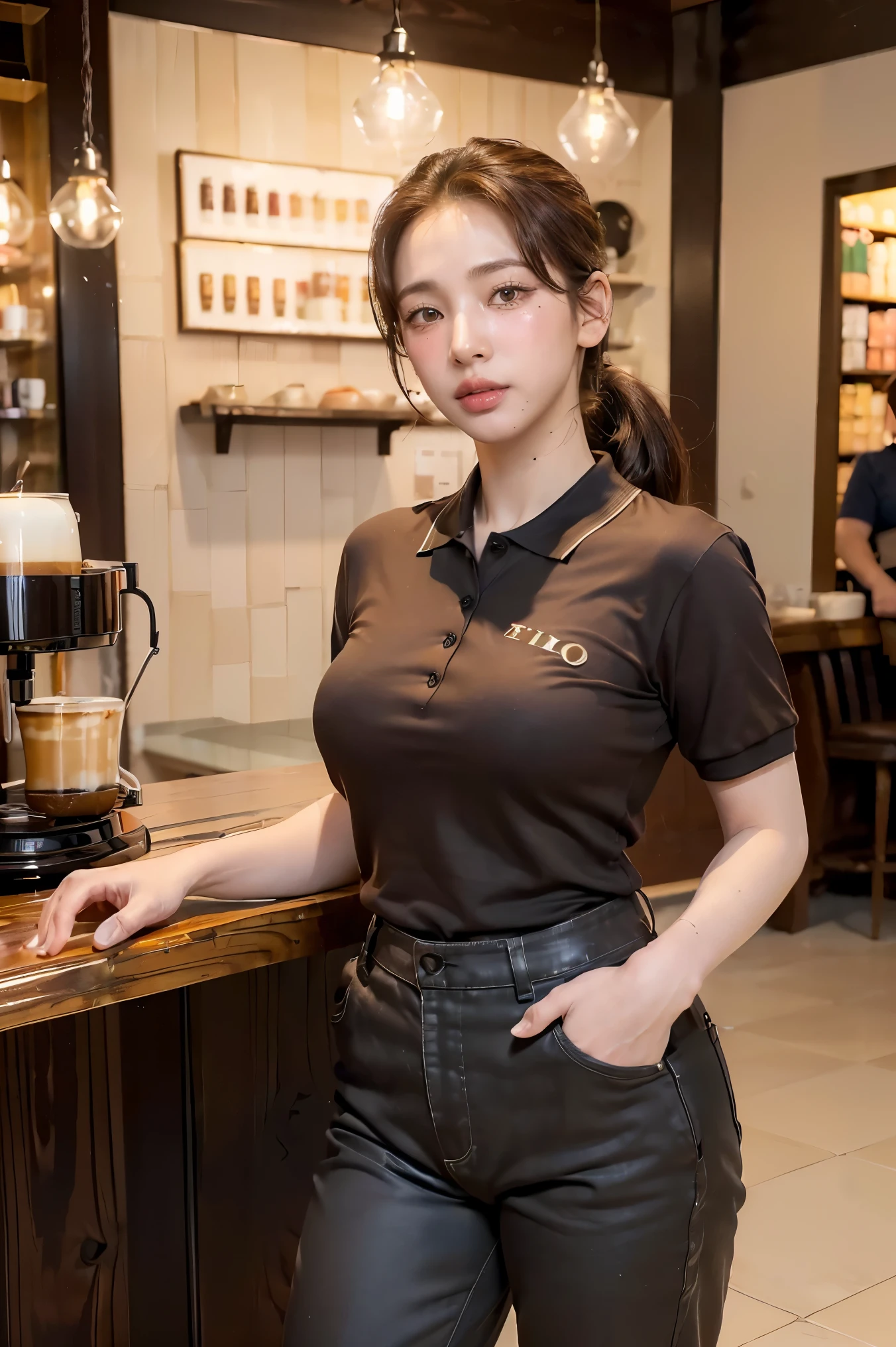(best quality:1.3), (8K, RAW photo), (realistic, photo-realistic:1.3), high-resolution, ultra-detailed, highly detailed, extremely intricate, film grain, sharp focus, (photo of a 35 year old mature Turkish female, female coffee shop owner standing at shop:1.5), detailed face, detailed eyes, brown low ponytail hair, (wearing polo shirt and pants as shop uniform:1.5), huge breasts, (highly detailed skin texture, with age-appropriate wrinkles:1.3), (full body), standing, looking at viewer, (cowboy shot), perfectly-centered, electric lighting, frontlight, tables, chairs, counter, apron, (a 35 year old mature Turkish female)