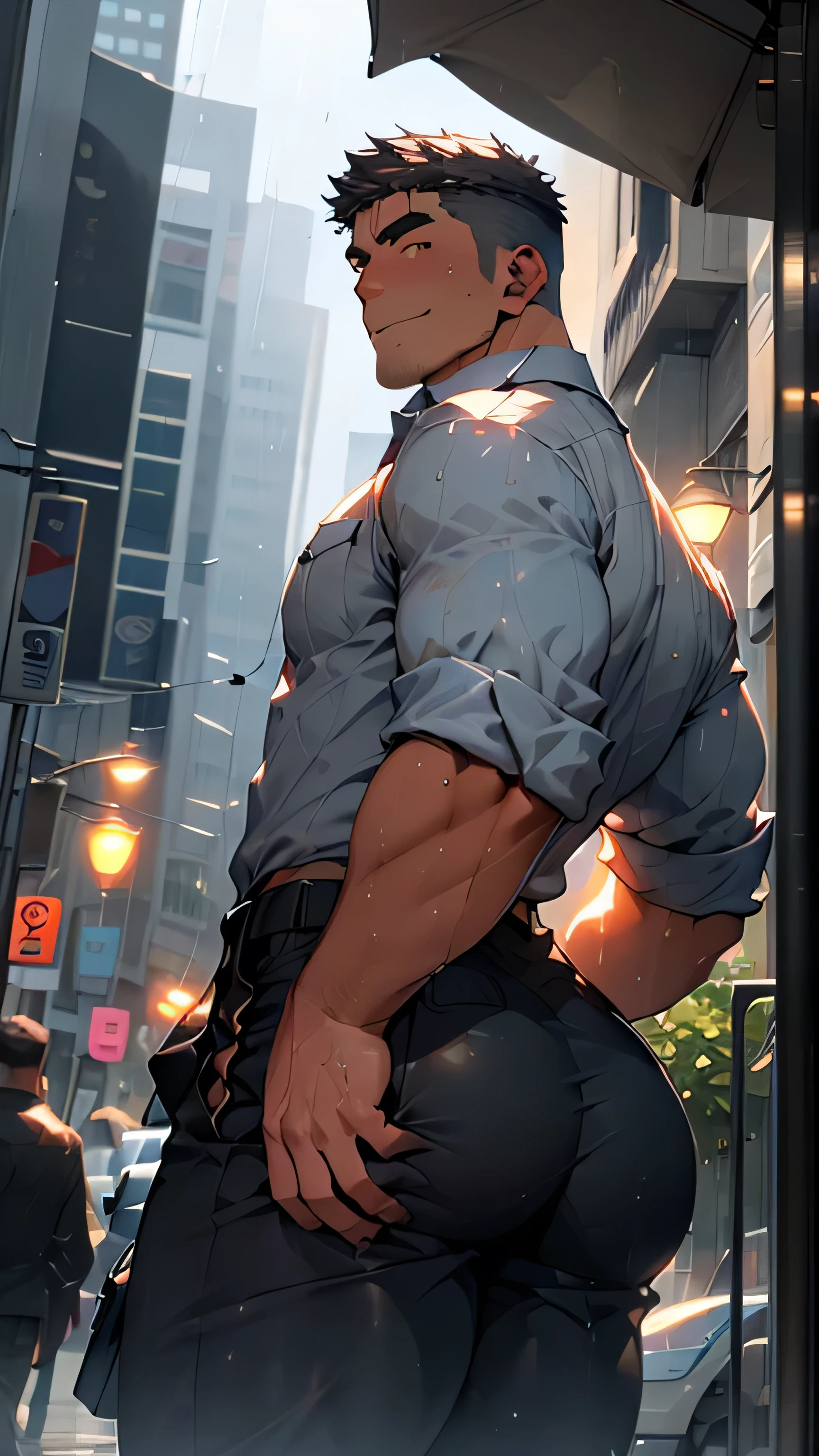 Sexy man in police uniform, tight pants, stands on a deserted street with (((his back to the viewer, tight ass))), big city street, whole body in view, less muscles
