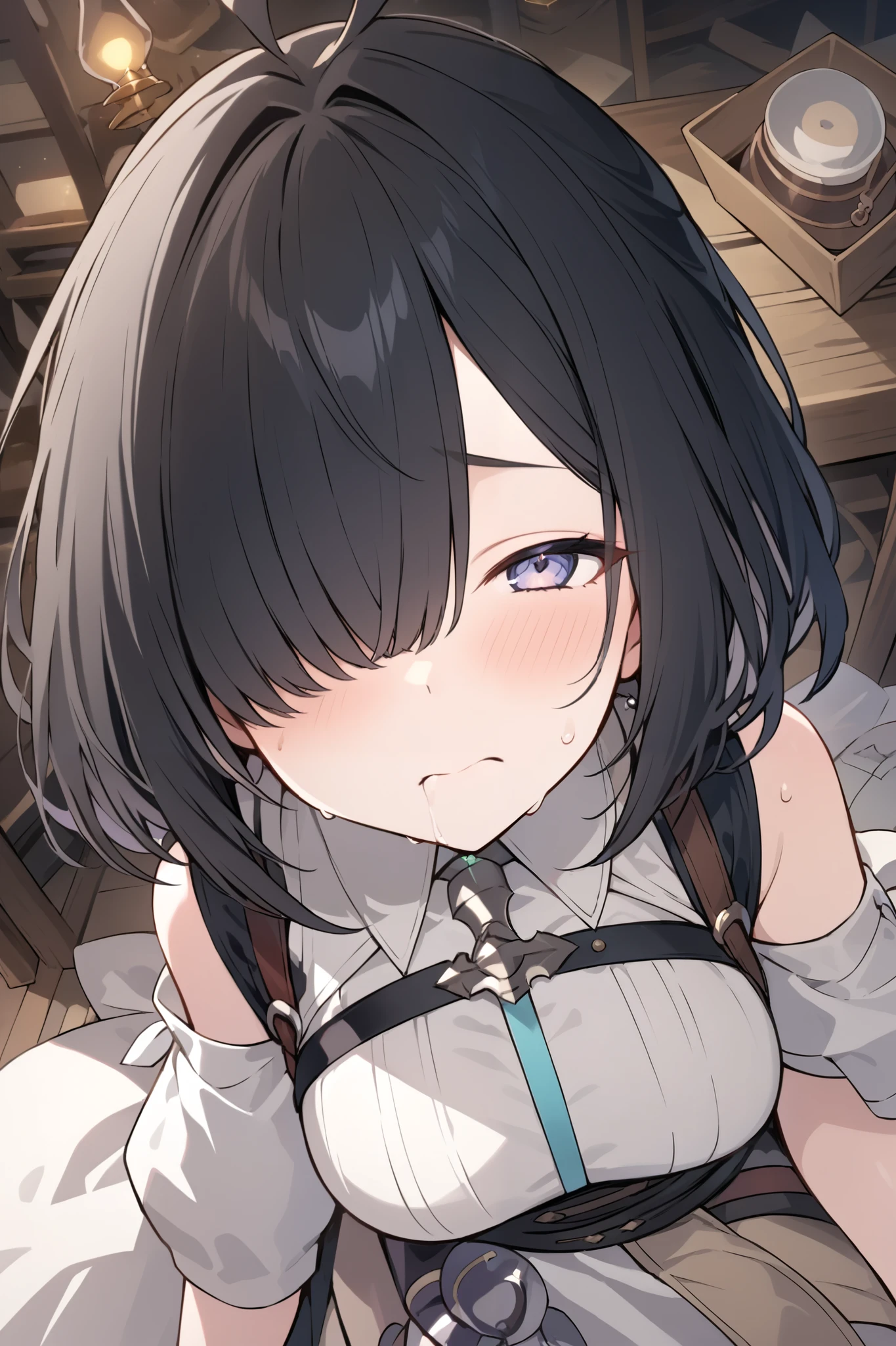 shot from directly above with bangs、face close up,hurt、 atelier 、ユミアの atelier 、 black hair、bangs hide one eye、 Barbell Alchemist、kneel、blowjob、blush、sweat、
