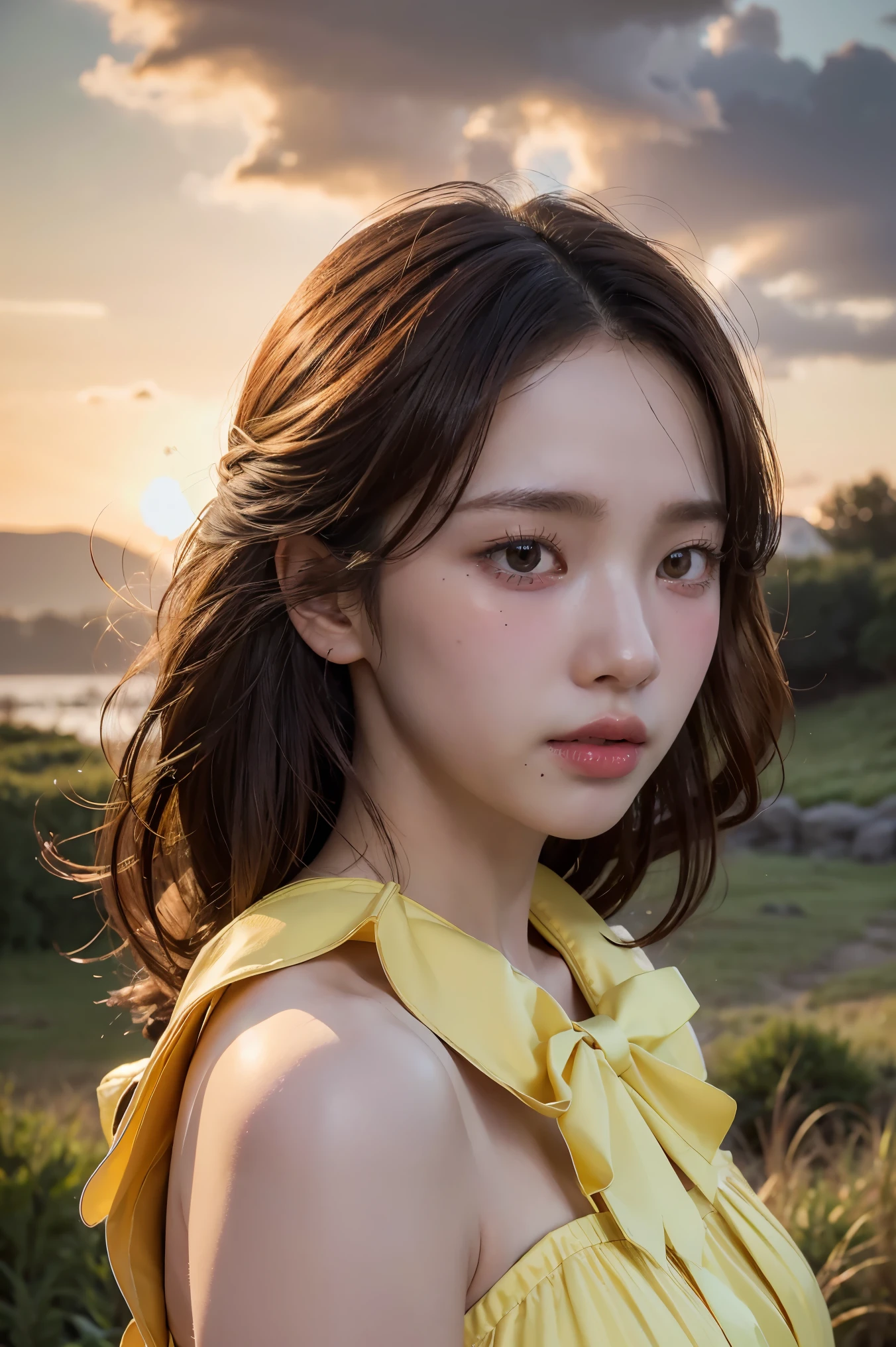 1girl, highly detailed face, expressive eyes, detailed dress, outdoor scene, red sky, yellow bow, ultra detailed, 8K, masterpiece, photorealistic, dramatic lighting, serene atmosphere, vibrant colors, fantasy landscape, digital art