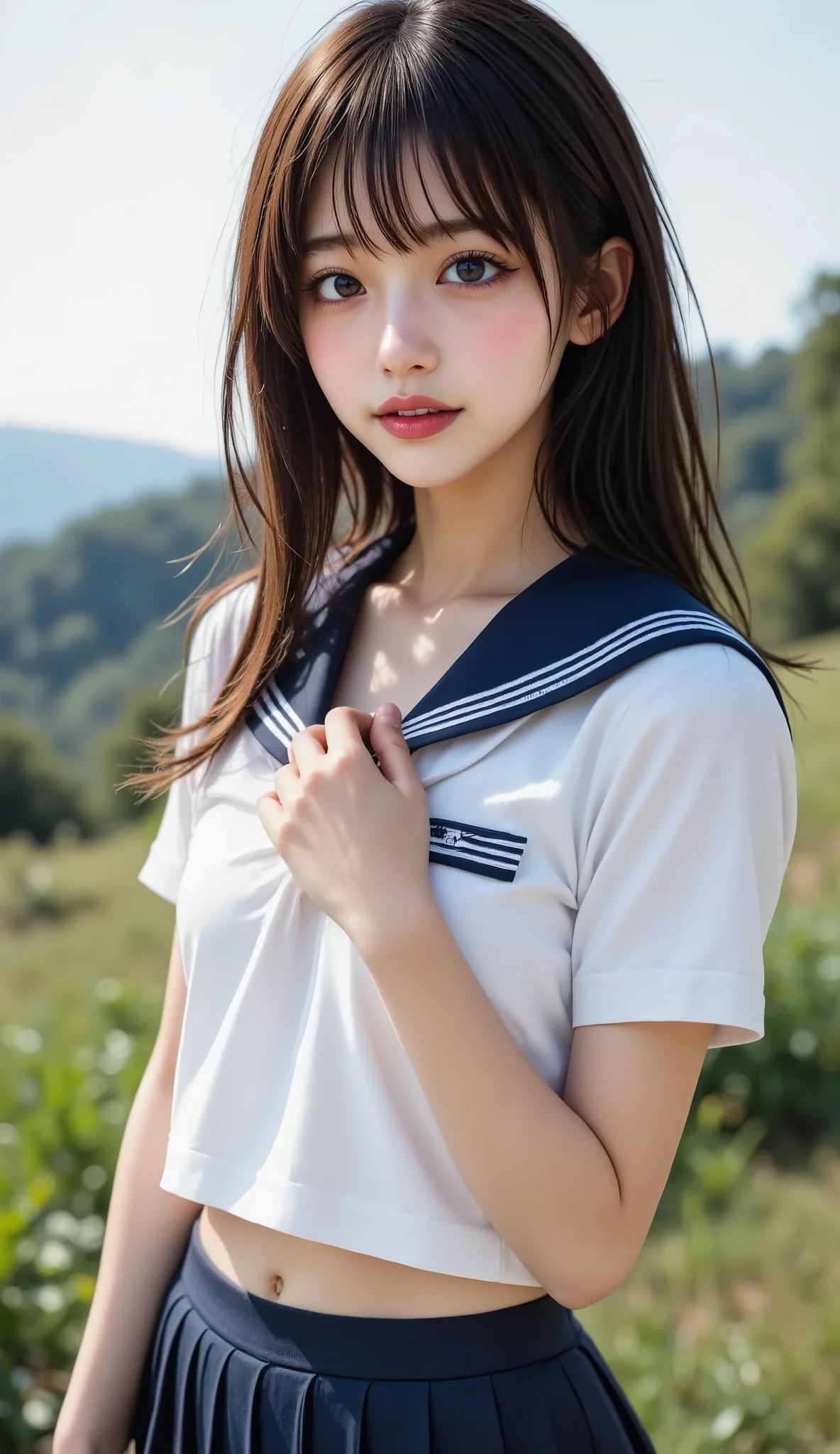 ((Top Quality)), ((masterpiece、High sensitivity、 High Resolution、detailed description、 drawing delicate eyes and face))、Beautiful breasts、bust up、 ((, Transcendental Young Face,  idol face, Beautiful  girl))、 Slender Woman、Excellent sensitivity、Beautiful hair that takes hold of the wind、The right navel、(mischievous smile coming out of the left)、(((Cute uniform, cute pose)))、Immersive rural landscape、(detailed hands:1.3, perfect right hand:1.2), ((beautiful body line silhouette with backlight))、(Slender body line drawing delicate eyes and face), (tight waist)、 small nice ass, (perfect anatomy:1.2), 