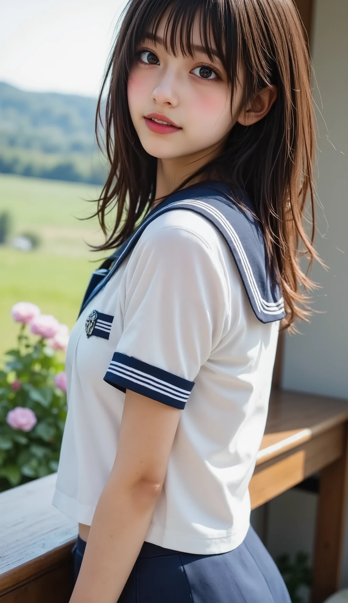 ((Top Quality)), ((masterpiece、High sensitivity、 High Resolution、detailed description、 drawing delicate eyes and face))、Beautiful breasts、bust up、 ((, Transcendental Young Face, idol face, Beautiful girl))、 Slender Woman、Excellent sensitivity、Beautiful hair that takes hold of the wind、The right navel、(mischievous smile coming out of the left)、(((Cute uniform, cute pose)))、Immersive rural landscape、(detailed hands:1.3, perfect right hand:1.2), ((beautiful body line silhouette with backlight))、(Slender body line drawing delicate eyes and face), (tight waist)、 small nice ass, (perfect anatomy:1.2),