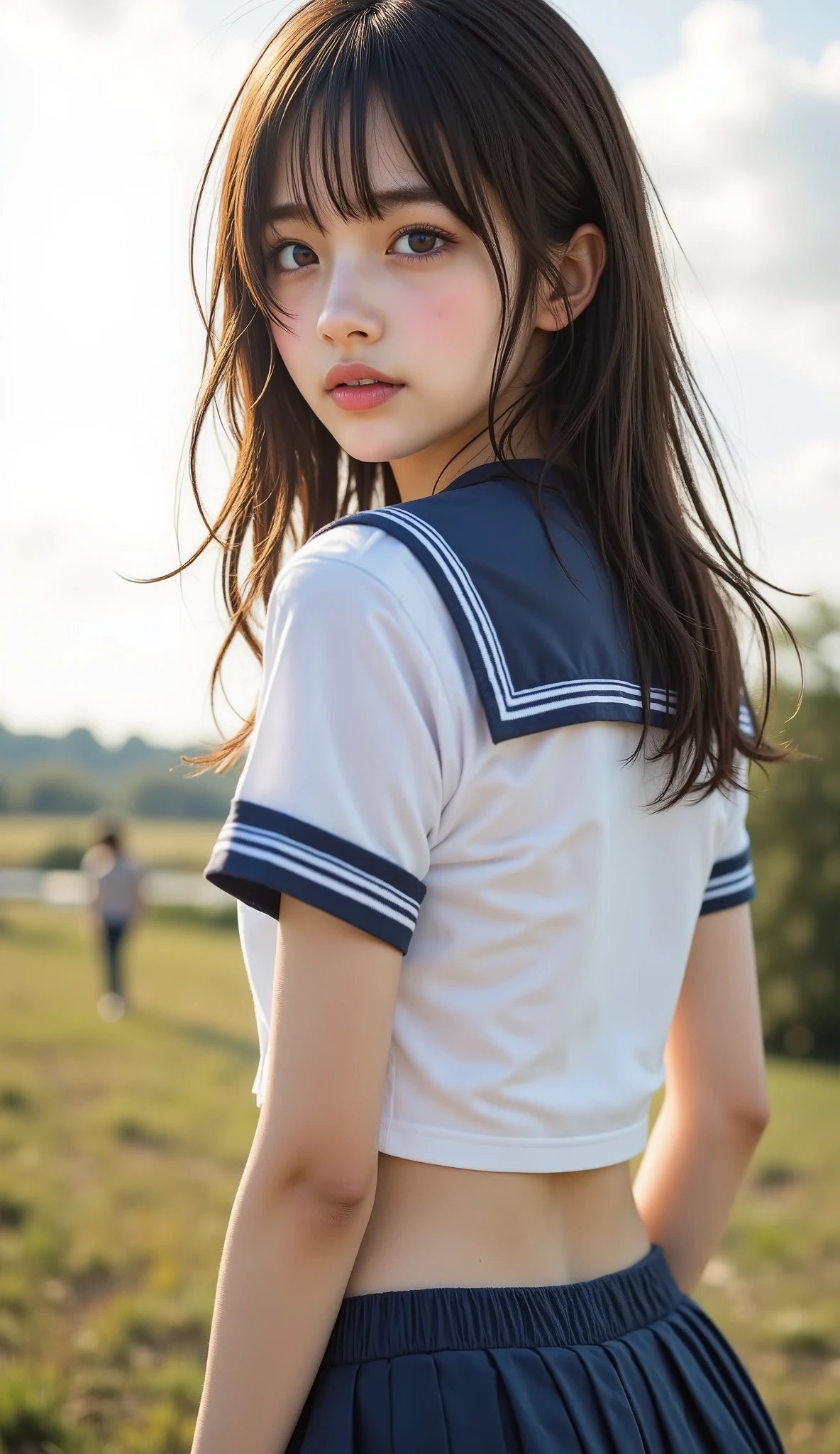((Top Quality)), ((masterpiece、High sensitivity、 High Resolution、detailed description、 drawing delicate eyes and face))、Beautiful breasts、bust up、 ((, Transcendental Young Face, idol face, Beautiful girl))、 Slender Woman、Excellent sensitivity、Beautiful hair that takes hold of the wind、The right navel、(mischievous smile coming out of the left)、(((A cute, disheveled uniform, cute pose)))、Immersive rural landscape、(detailed hands:1.3, perfect right hand:1.2), ((beautiful body line silhouette with backlight))、(Slender body line drawing delicate eyes and face), (tight waist)、 small nice ass, (perfect anatomy:1.2),