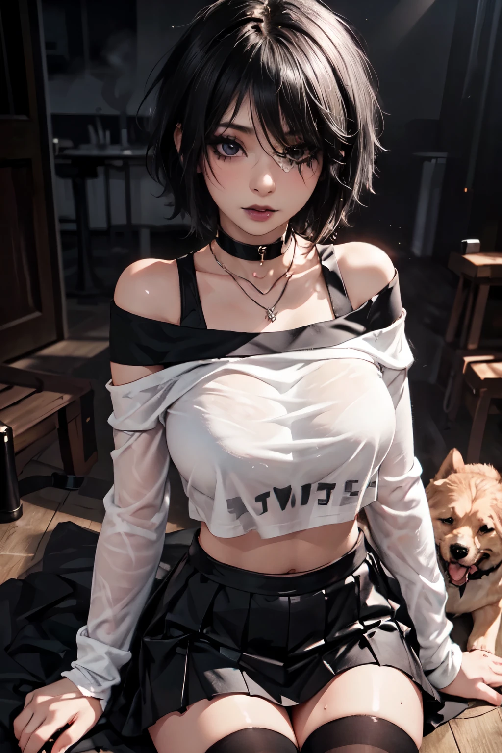 Girl, woman, emo_hairstyle, black lipstick, dog collar, necklace, eyeliner, eye shadow, smoky eyes, realistic lighting, tattoos, body writing, short hair, shiny skin, big breast, off shoulder midriff, long sleeves, short skirt, sweaty, thighhighs.
