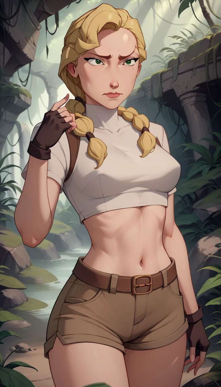 score_9, score_8_up, score_7_up, score_6_up, BREAK  Keira Metz, (([topless, no top on,  LARGE exposed BREASTS, PERFECT perky NIPPLES,])))  seductive smirk, hands holding own hips, sweating, wide hips, big ass, in a forest, raining, frontal shot