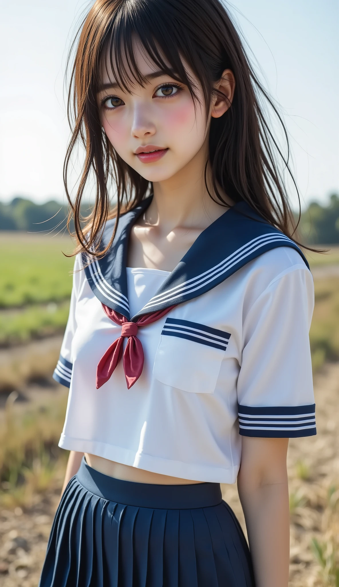 ((Top Quality)), ((masterpiece、High sensitivity、 High Resolution、detailed description、 drawing delicate eyes and face))、Beautiful breasts、bust up、 ((, Transcendental Young Face,  idol face, Beautiful  girl))、 Slender Woman、Excellent sensitivity、Beautiful hair that takes hold of the wind、The right navel、(mischievous smile coming out of the left)、(((Cute uniform, Masturbation Act)))、Immersive rural landscape、(detailed hands:1.3, perfect right hand:1.2), ((beautiful body line silhouette with backlight))、(Slender body line drawing delicate eyes and face), (tight waist)、 small nice ass, (perfect anatomy:1.2), 