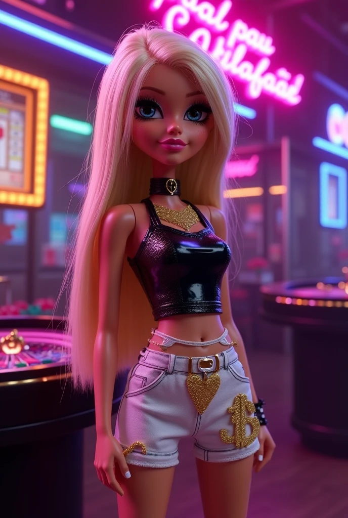 Make me a blue eyed bratz doll, Blonde with a mole above her lip with a full-body country music drag look where her feet are visible
