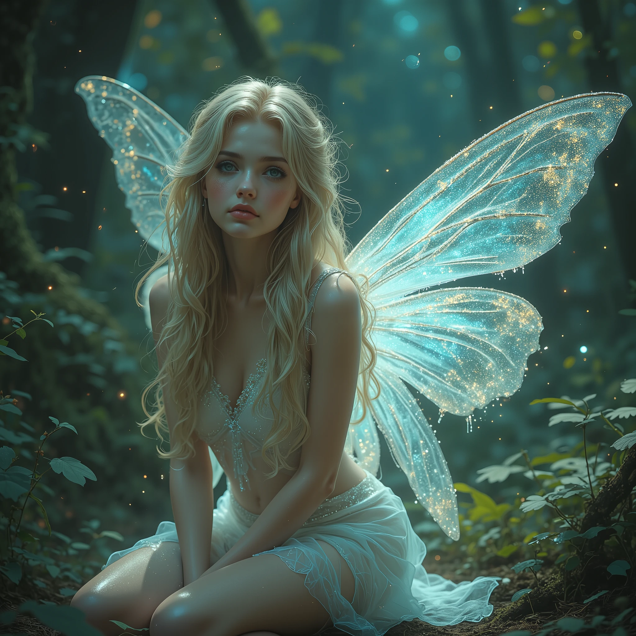 A detailed fairy girl with delicate wings, transparent wings that rest gracefully on the ground . She has long , wavy hair, and its ethereal beauty is enhanced by soft , bright light. The background presents a magical forest with twinkling lights and foliage.. The fairy wears a brilliant , white semitransparent dress that glitters, creating a mystical and enchanting atmosphere . The overall scene is serene and otherworldly , that capture the enchanting essence of a fairy in a magical forest , realistic, photorealistic, RAW photos,