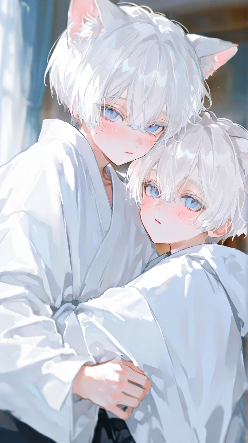 Comforting snow, gentle cool light, (1 teen age boy), head down, (white hair)|(silver hair), (blue eyes), looking at something in the snow, (tears in his eyes), (snow reflecting in his eyes), (sea in the background). (wearing a small white robe), (holding a sleeping baby girl covered in thick white blanket)