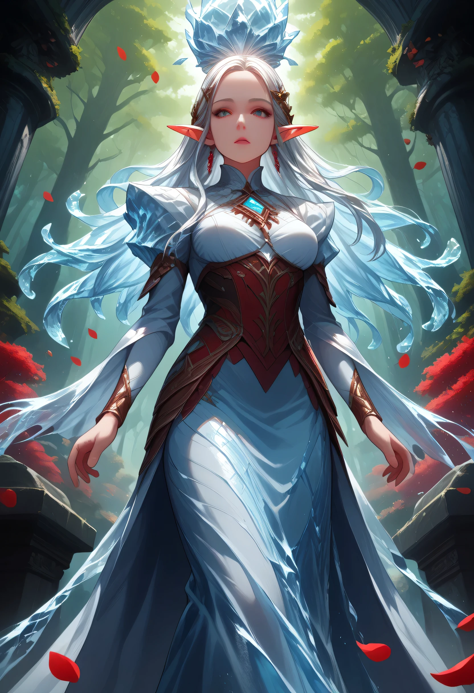 score_9, score_8_up, score_7_up, score_6_up, score_5_up, score_4_up, anime comic illustration fantasy art, (red petals: 1.3) falling from the sky on an ice statue of an a beautiful female elf ((made from ice: 1.5)) standing in forest, cloud of red petals swirling around the ice statue, full body statue made from ice, beautiful elf, long icy hair strands, wearing icy dress, epic flowing (red petals: 1.3), swirling rose petals, fantasy forest background, it is dawn the sun rays reflect on the ice statue, sun rays hit the rose petals, ((high contrast: 1.5), [[anatomically correct]], high details, best quality, 8k, [ultra detailed], masterpiece, best quality, (extremely detailed), dynamic angle, intricate details, FAIstyle, fantasy