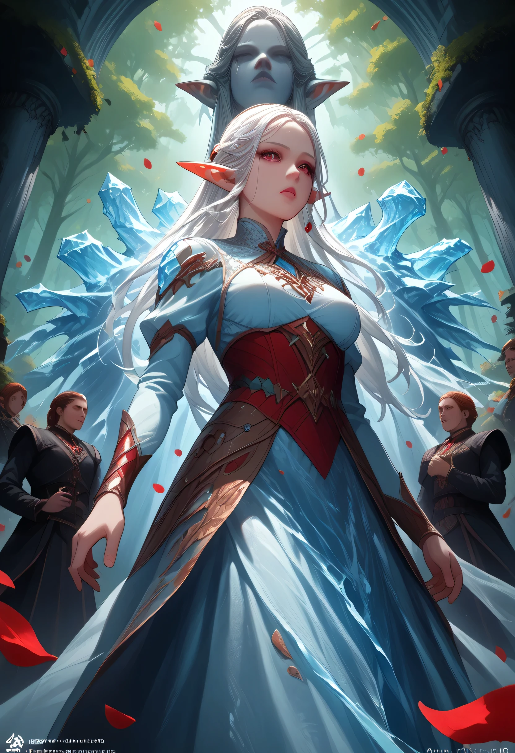 score_9, score_8_up, score_7_up, score_6_up, score_5_up, score_4_up, anime comic illustration fantasy art, (red petals: 1.3) falling from the sky on an ice statue of an a beautiful female elf ((made from ice: 1.5)) standing in forest, cloud of red petals swirling around the ice statue, full body statue made from ice, beautiful elf, long icy hair strands, wearing icy dress, epic flowing (red petals: 1.3), swirling rose petals, fantasy forest background, it is dawn the sun rays reflect on the ice statue, sun rays hit the rose petals, ((high contrast: 1.5), [[anatomically correct]], high details, best quality, 8k, [ultra detailed], masterpiece, best quality, (extremely detailed), dynamic angle, intricate details, FAIstyle, fantasy