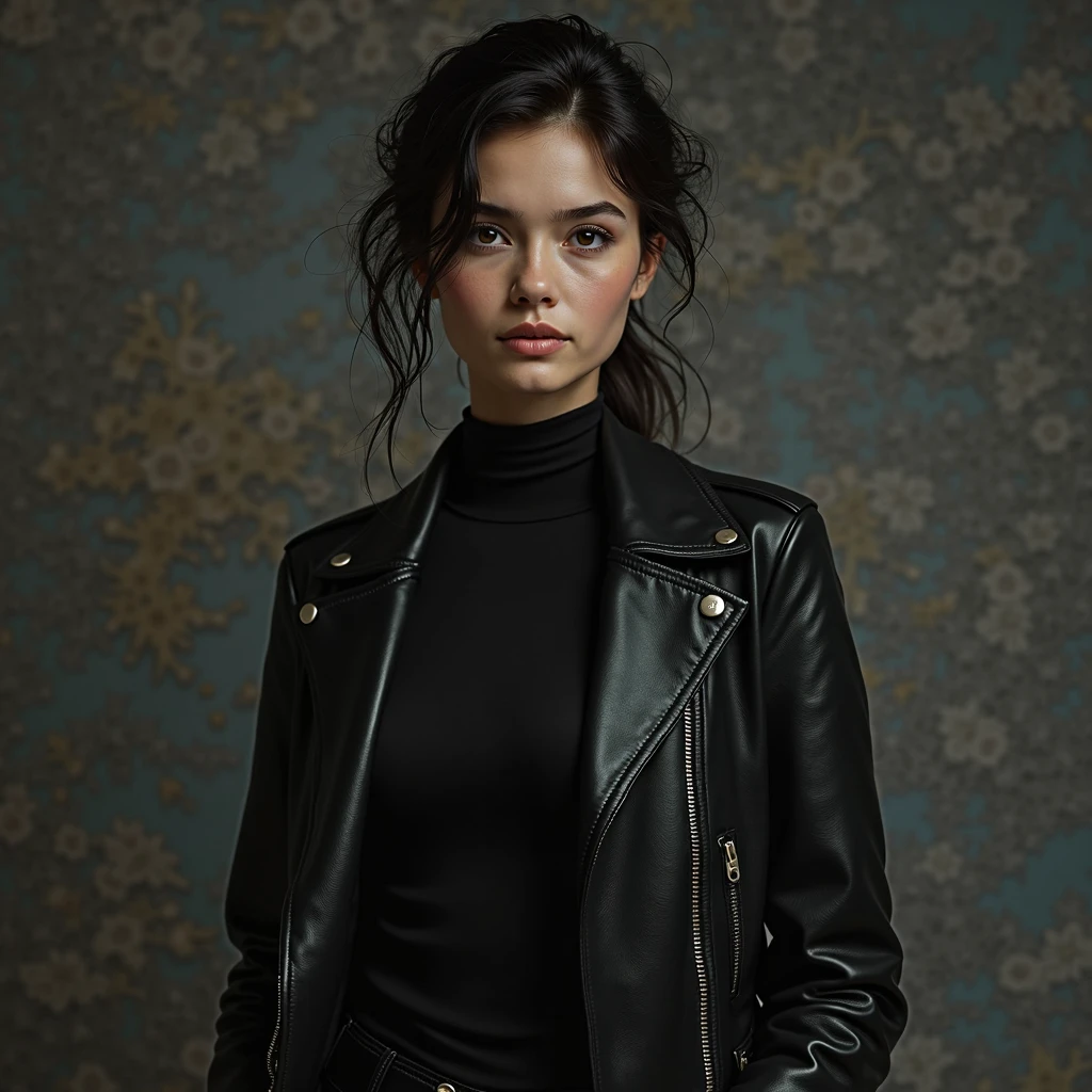Realistic photo of a beautiful j4n1c3d woman,1girl,solo,black hair,belt,signature,lips,coat,black shirt,looking to the side,messy hair,realistic,soft lighting, professional Photography, Photorealistic, detailed, RAW, analog, sharp focus, 8k, HD, high quality, masterpiece<lora:j4n1c3d:1.0>