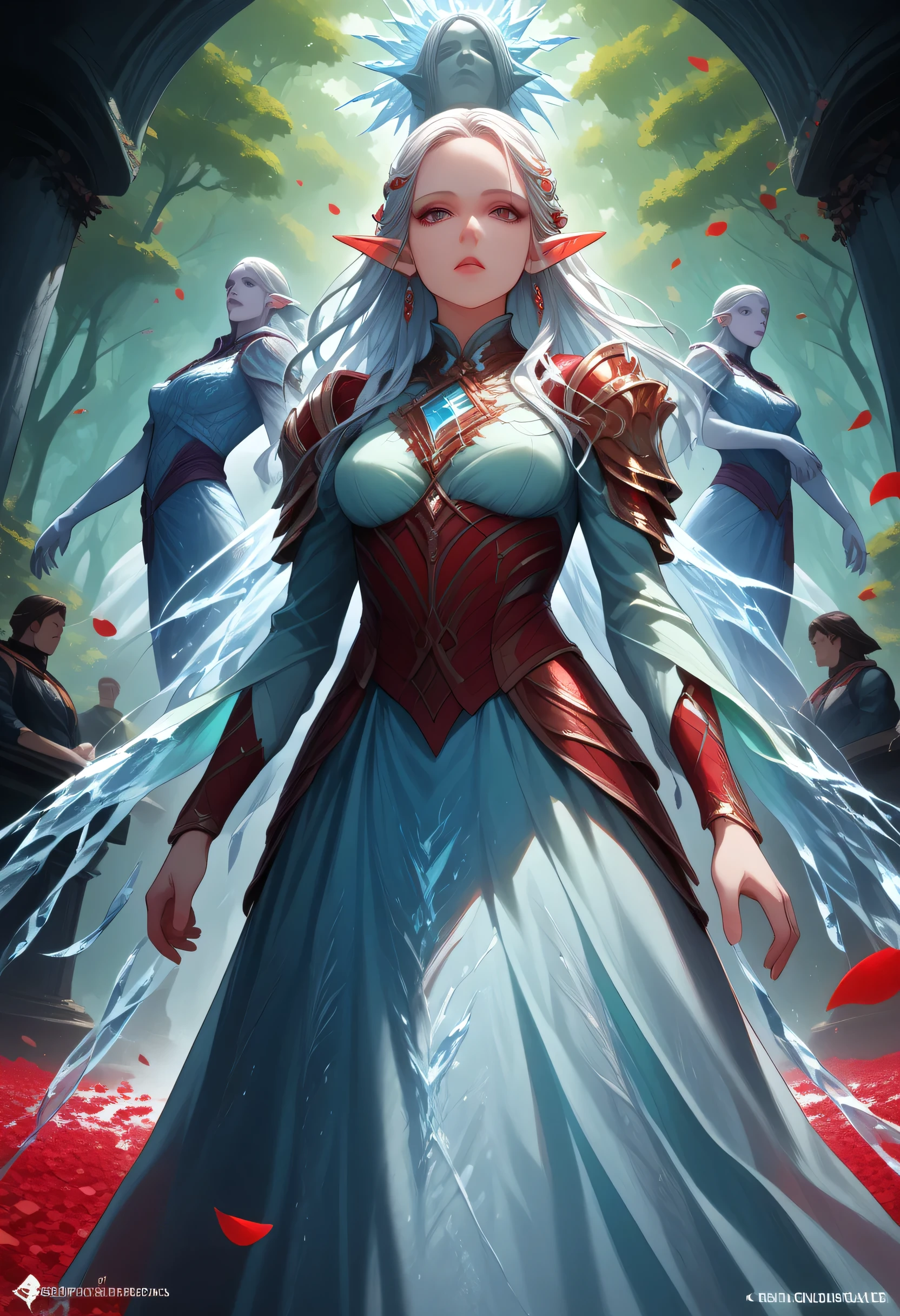 score_9, score_8_up, score_7_up, score_6_up, score_5_up, score_4_up, anime comic illustration fantasy art, (red petals: 1.3) falling from the sky on an ice statue of an a beautiful female elf ((made from ice: 1.5)) standing in forest, cloud of red petals swirling around the ice statue, full body statue made from ice, beautiful elf, long icy hair strands, wearing icy dress, epic flowing (red petals: 1.3), swirling rose petals, fantasy forest background, it is dawn the sun rays reflect on the ice statue, sun rays hit the rose petals, ((high contrast: 1.5), [[anatomically correct]], high details, best quality, 8k, [ultra detailed], masterpiece, best quality, (extremely detailed), dynamic angle, intricate details, FAIstyle, fantasy
