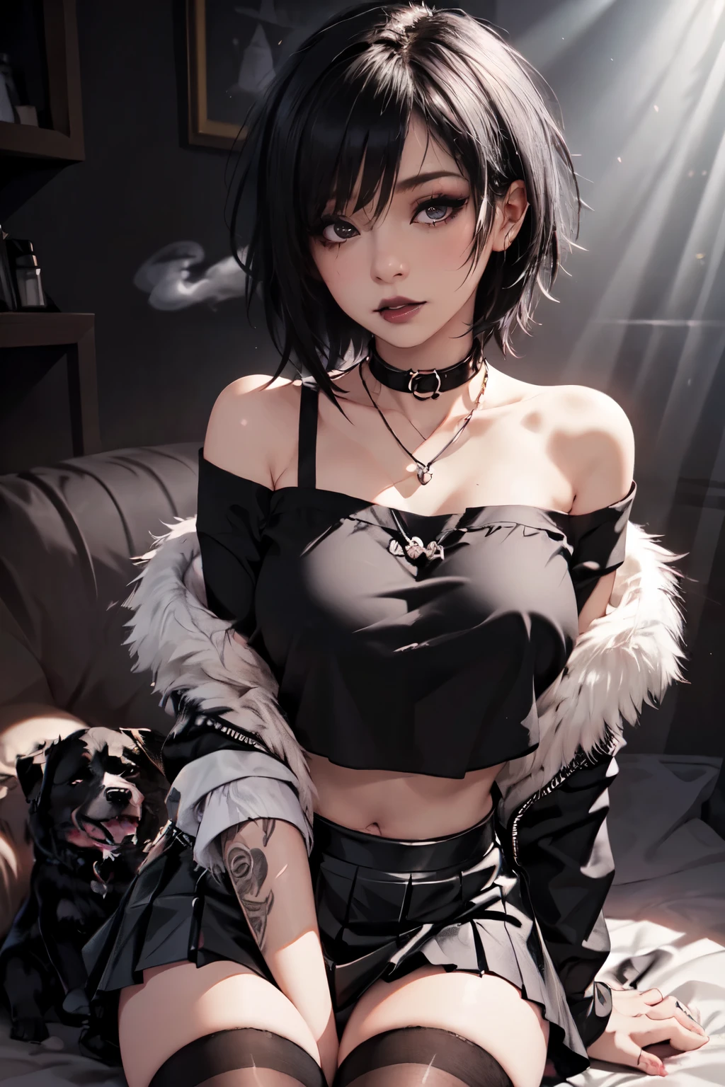 Girl, woman, emo_hairstyle, black lipstick, dog collar, necklace, eyeliner, eye shadow, smoky eyes, realistic lighting, tattoos, body writing, short hair, shiny skin, big breast, off shoulder midriff, crop top, sleeveless, short skirt, thighhighs.