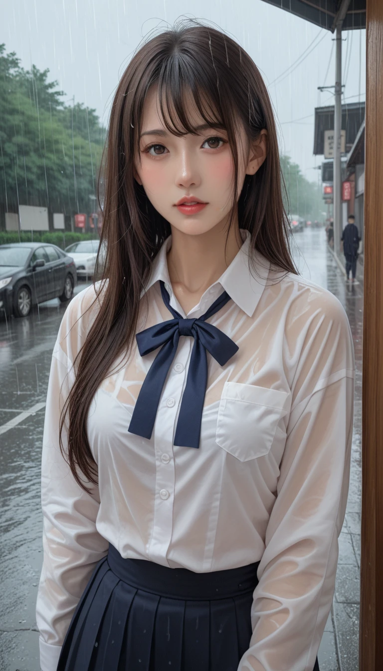 score_9,score_8_up,score_7_up,8K, breasts, A beautiful Japanese woman, High school girl in the rain, (Her uniform is transparent and her underwear is visible.:1.2)、Photorealistic realistic background