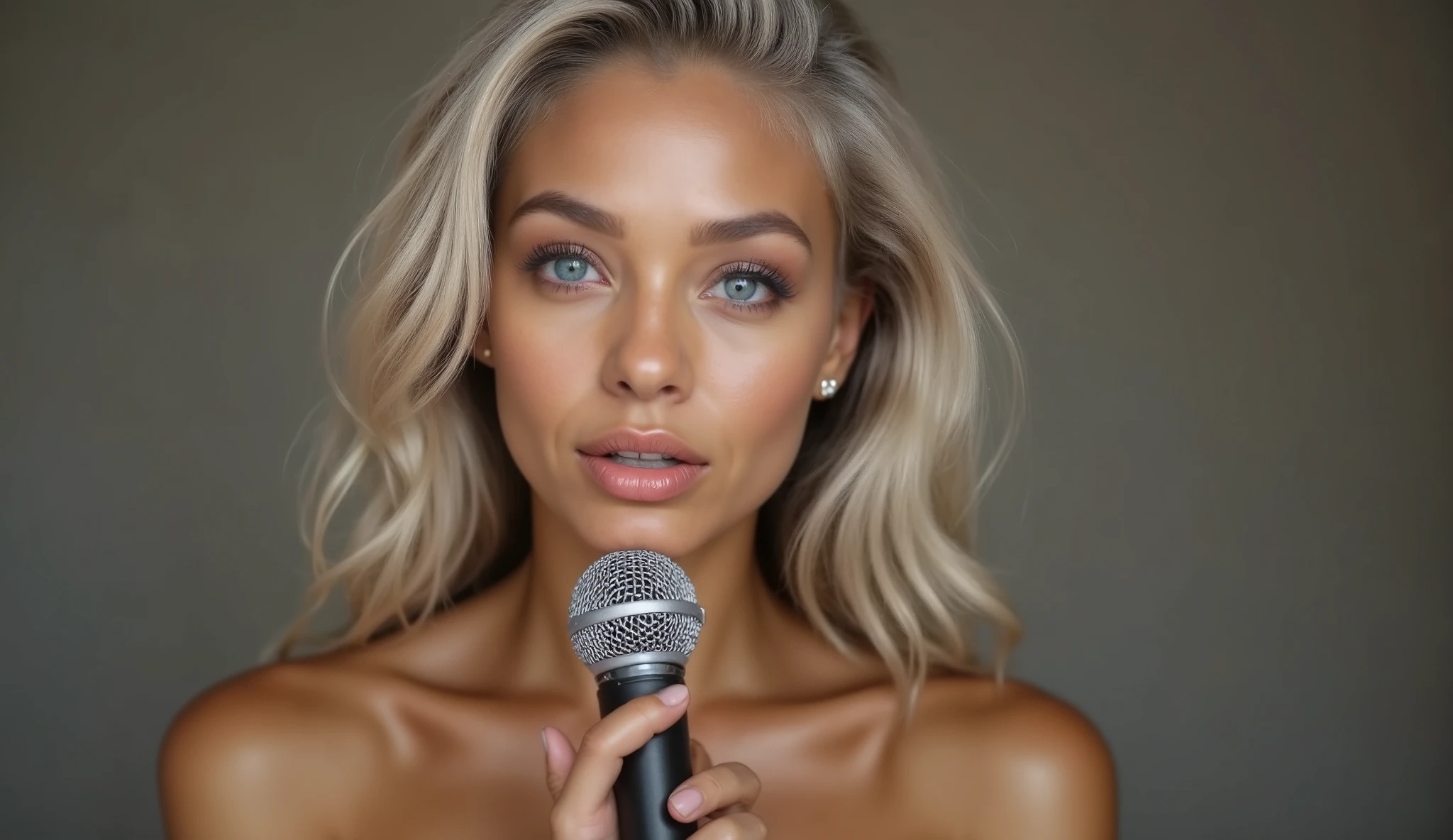 beautiful 43 year old ebony, slim, busty, female, blue eyes, light blue eye shadow, beige lips, silver hair, nude, with silver jewelry, bare chest, bare belly. She dances and sings in the living room with a microphone in his hand, thinking no one is watching.