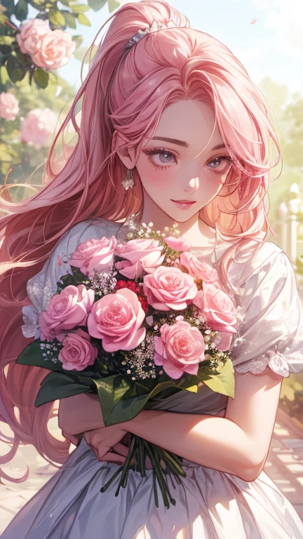 (Amazing masterpiece), (Maximize highest quality: 1.5), (Maximize most beautiful digital illustrations: 1.5), ((Most realistic: 1.5)), ((Smooth, soft, crisp and most realistic skin and hair textures)), Most beautiful detailed eyes:1.5, ((Maximum resolution, UHD:1.5, 16K, 1080p, 10 million ppi, 300 million dpi images)), (Amazing dynamics:1.5), Beautiful backgrounds with depth of field, Most beautiful natural light, Rule of thirds, ((Maximize every effect and present it in the ultimate quality)), 1woman, sexy:1.5, beautiful face sharp, elegant woman, perfect body style, slender, beautiful big breasts, green eyes, shiny pink hair, hair over one eye, wavy hair, glossy very thick lips:0.7, pink lipstick:0.7, smile, A woman wearing a long pink dress with intricate lace details, ((holding a huge bouquet of pink roses:1.5)), adorned with a pearl necklace, diamond earrings, and a gold bracelet, ((surrounded by a background of pink roses:1.5)),