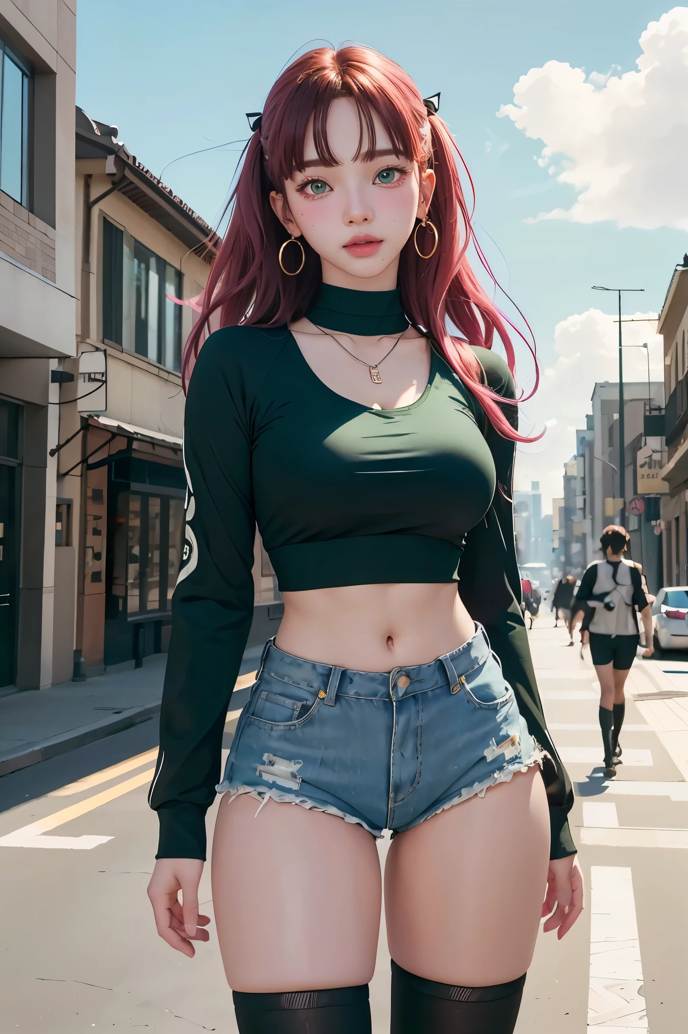nicoledemara, nicole demara, (green eyes:1.5), pink hair, hair ornament, hair ribbon, hairclip, long hair, mole, mole on breast, mole on thigh, mole under eye, two side up, ribbon, smirk, smile, open mouth,
BREAK black footwear, black ribbon, black shorts, black socks, black thighhighs, boots, cleavage, crop top, earrings, jewelry, kneehighs, nail polish, necklace, o-ring, short shorts, shorts, single kneehigh, single sock, single thighhigh, socks, thigh strap, thighhighs, torn clothes, two side up,
BREAK outdoors, city, sky, clouds, sun, buildings, crowd, people, alley,
BREAK looking at viewer, (cowboy shot:1.5),
BREAK (masterpiece:1.2), best quality, high resolution, unity 8k wallpaper, (illustration:0.8), (beautiful detailed eyes:1.6), extremely detailed face, perfect lighting, extremely detailed CG, (perfect hands, perfect anatomy),