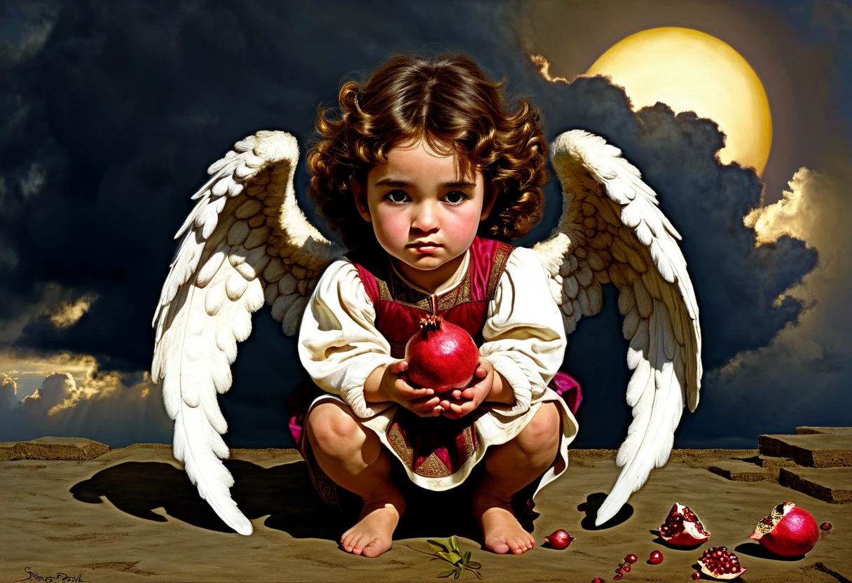 ((little angel girl with apple)), solo, ((sitting on a roof chimney)), nimb, dark clouds, black sad eyes, half-turned gaze to the viewer, bowed head, tunic, curly brown hair, ((Francesco Parmigianino style)), dark Renaissance, gradient of aged yellowed canvas, ((best quality, masterpiece)), (more rights high detail), Impressionism:1.1 , 8k