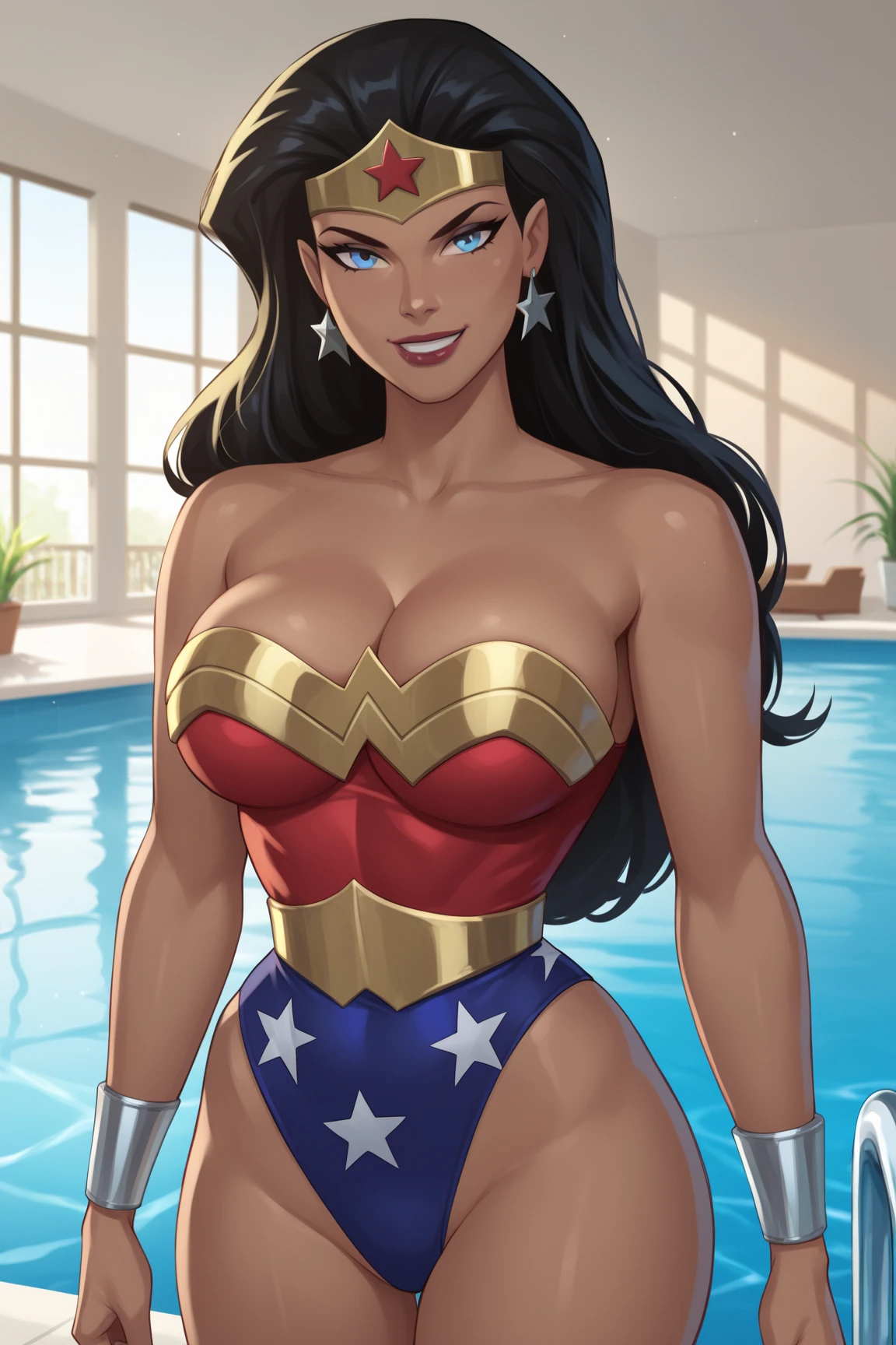Gorgeous and sultry busty athletic (thin) brunette with sharp facial features and a (big hair) and (huge boobs) wearing a star-spangled bikini, Americana, swimming pool.