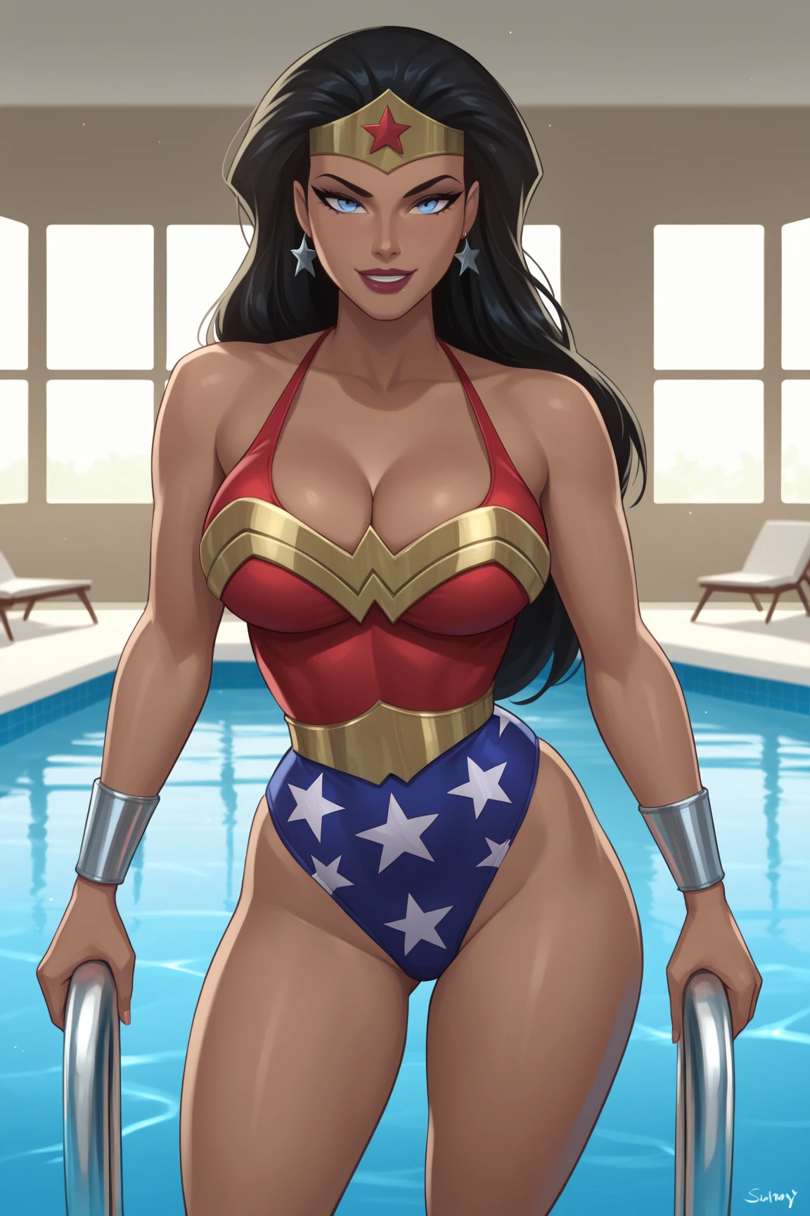 Gorgeous and sultry busty athletic (thin) laughing brunette with sharp facial features and a (big hair) and (huge , long legs) wearing a star-spangled bikini, Americana, swimming pool.
