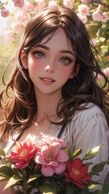 (best quality, 8k,32k,masterpiece, UHD:1.2),extremely detailed CG unity 8k wallpaper,intricate details,Raw photo,(photorealistic:1.4),atmosphere,ultra high res,Realistic,Real,Huge_filesize,incredibly absurdres,(centered:1.3),Ultra illustration,(ultra-detailed),dramatic lighting,various colors,depth of field,art by krenz cushart,golden hour lighting,taken by Canon EOS,SIGMA Art Lens 35mm F1.4,ISO 200 Shutter Speed 2000,blurry background,
BREAK,
1girl,(smile:1.3),slim body,(long straight hair with bangs,:1.4),solo,20-year-old Japanese beautiful woman, (flower garden,pink stripe shirt:1.4),(light brown hair:1.5),((brown eyes)),Large breasts,chest, Soft white skin that shines with every detail,pale skin,Very beautiful face,Very well-formed face,Natural and realistic face,Best,beautiful detailed eyes,striking eyes,Eyes drawn in detail, smile with your mouth closed,Detailed mouth,Detailed lips,shiny beautiful lips,Glossy lips,simple earrings,necklace,jewelry, solo focus,low neckline,
BREAK,
Front lighting,kool,Standing,sensual expression, BREAK,
(Dutch angle:1.4),looking at viewer,
BREAK,tzuyu,yui aragaki,