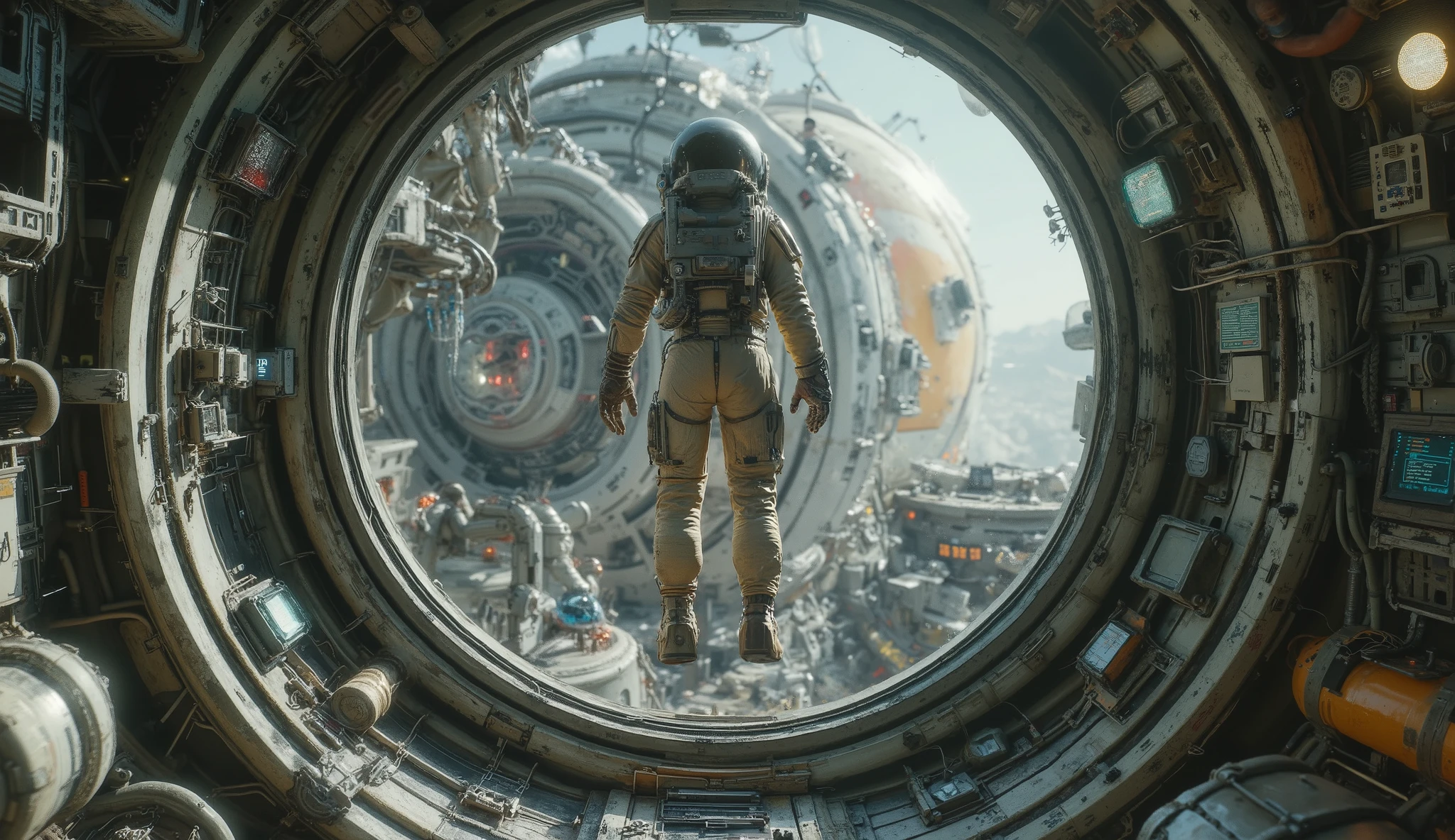( interior of a spaceship. The spaceship is dark, with an intricate design , devices and wiring in its walls. It has a window that shows the atmosphere of a planet, lifeless, You can see the entire body of an astronaut ((very detailed spacesuit)), inside the ship and with his back to the camera looking out the window floating weightless with his arms and legs semi-flexed , It's floating, there is no gravity , the astronaut wears the helmet port, the planet you see It is dusty and its sky is orange.