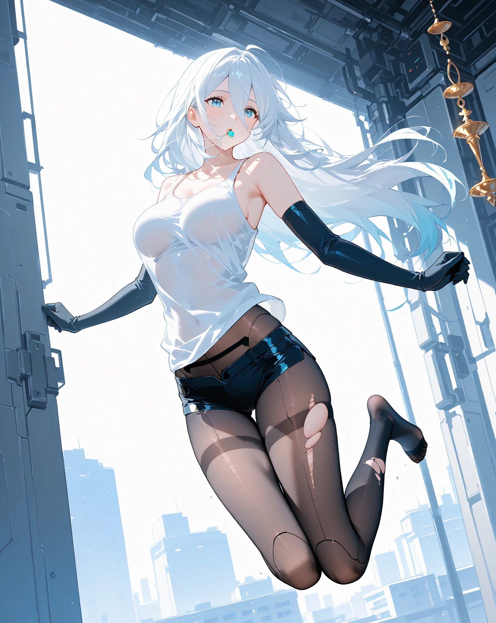 fantasy,1young_teen_ girl,medium_hair,platina_blond_hair,white_leotard,covered_crotch,thigh-highs,smile,standing,bluesky_landscape_background,slightly_spread_legs,happiness, short_gloves ,solo, r18, navel,relicbuster,short,boots,open_mouth,sitting,knees,blush,shy,piledriver,(crotch:1.3),solo,boots