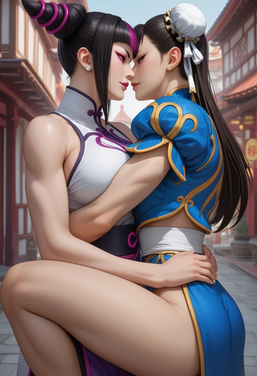 Ultra 3D Futa lady dimitrescu long white long hair with a big hard dick fucking curvy chun li , lady dimitrescu fucking curvy chun li in sofa, detailed ultra 3D expressing intense pain and pleasure in her eyes. Fully detailed ultra 3D 100k fully detailed, realistic face with fully detailed