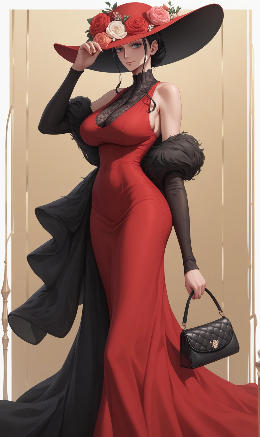 ((best quality,4k,highres,masterpiece:1.2)),((character concept art)), 1 female, Lucienne Chevalier, famed opera singer, confidant in matters of art and culture to the Marquis. Her captivating beauty is as enchanting as her voice. She subtly influences cultural circles and holds sway in decisions affecting the patronage of the arts, making her a potential asset or liability. ((intricate detail)), super finely detailed hands, ultra finely detailed fingers(((ten fingers))), wearing a Christian Dior Haute Couture Evening Gown in red with a deep v low cut design and a side slit. She is wearing a cinched Christian Dior Bar Jacket over her gown, creating an hourglass silhouette. Her outfit is accompanied by Christian Dior J'adior Slingback Pumps. She carries a Christian Dior Lady Dior Handbag, and a Christian Dior Mitzah Scarf tied gracefully around her neck. Her look is completed with Christian Dior Tribales Earrings. Her gaze is confident and alluring, reflecting her esteemed position and captivating personality, (standing gracefully), (full body showcase), (show full body), (no logos on background), (no logo), ((plain background)), ((plain background)), (((empty background))).