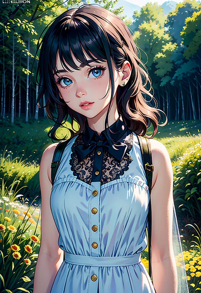 hint: A very charming,Carrying a backpack,and her cute puppy,Enjoying a beautiful spring outing,Surrounded by beautiful yellow flowers and nature. Illustrations are 4K resolution high-definition illustrations, Features highly detailed facial features and cartoon-style visuals.
