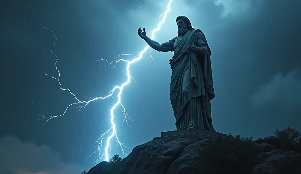 (Neon lightning around the head:1.1), monumento, (Primer plano de la cabeza), epic scene of zeus, lightning bolts, foco nítido, fantasy, Arte conceptual, dynamic lighting, epic composition, michaelangelo style