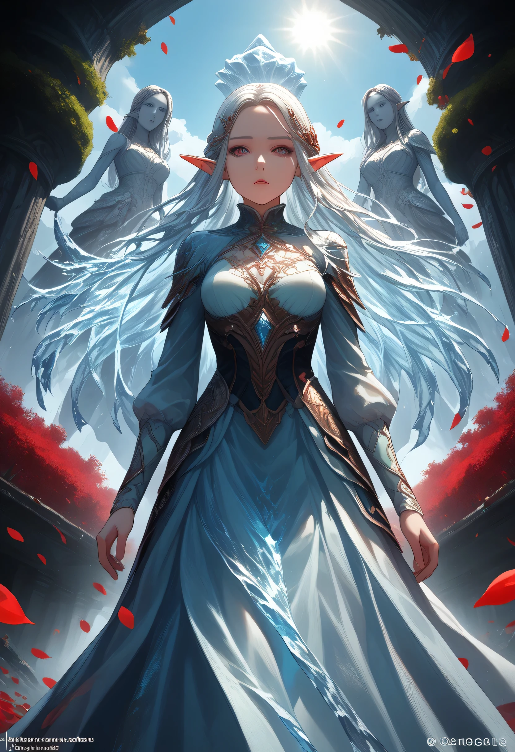 score_9, score_8_up, score_7_up, score_6_up, score_5_up, score_4_up, anime comic illustration fantasy art, (red petals: 1.3) falling from the sky on an ice statue of an a beautiful female elf ((made from ice: 1.5)) standing in forest, cloud of red petals swirling around the ice statue, full body statue made from ice, beautiful elf, long icy hair strands, wearing icy dress, epic flowing (red petals: 1.3), swirling rose petals, fantasy forest background, it is dawn the sun rays reflect on the ice statue, sun rays hit the rose petals, ((high contrast: 1.5), [[anatomically correct]], high details, best quality, 8k, [ultra detailed], masterpiece, best quality, (extremely detailed), dynamic angle, intricate details, FAIstyle, fantasy