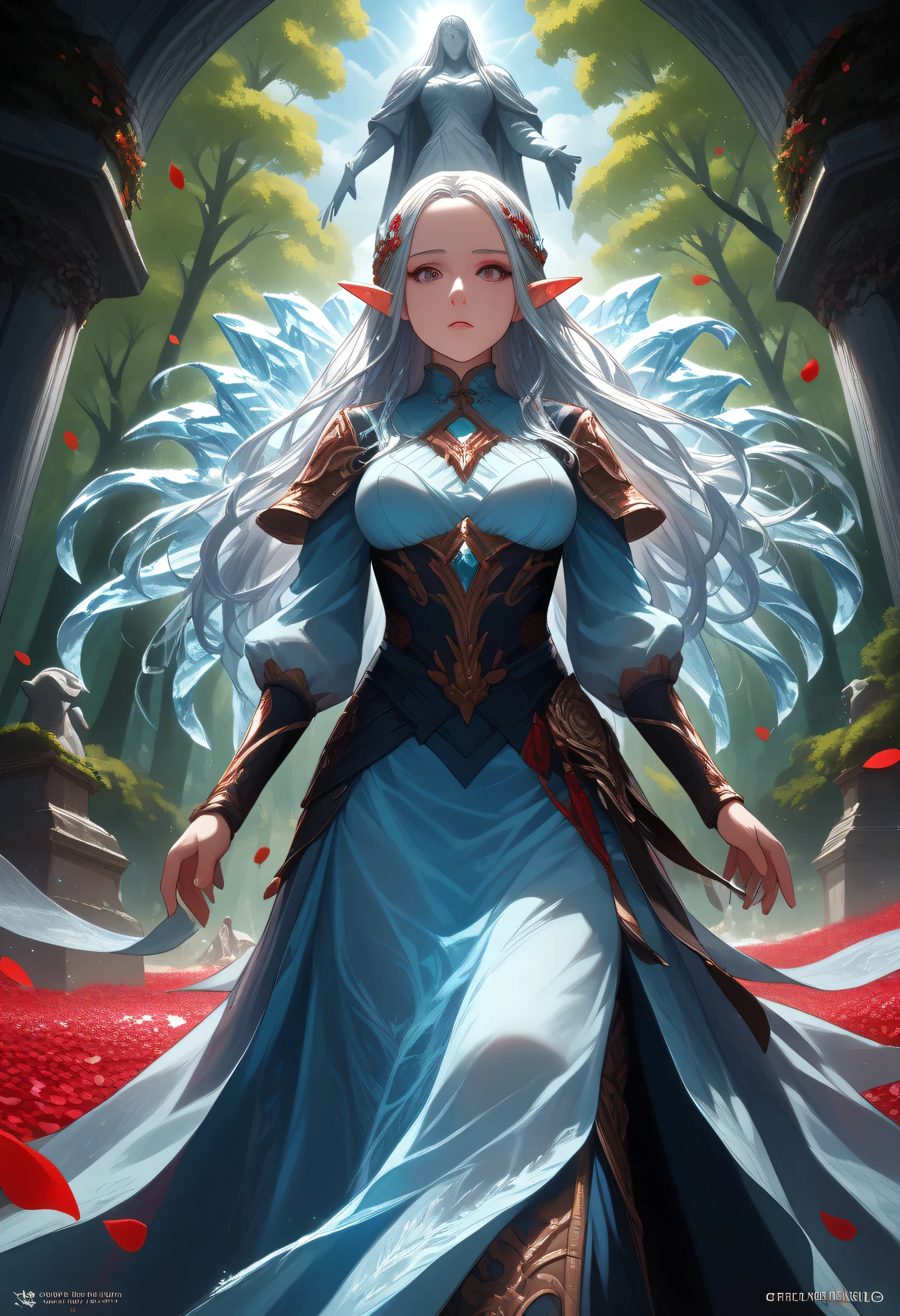 score_9, score_8_up, score_7_up, score_6_up, score_5_up, score_4_up, anime comic illustration fantasy art, (red petals: 1.3) falling from the sky on an ice statue of an a beautiful female elf ((made from ice: 1.5)) standing in forest, cloud of red petals swirling around the ice statue, full body statue made from ice, beautiful elf, long icy hair strands, wearing icy dress, epic flowing (red petals: 1.3), swirling rose petals, fantasy forest background, it is dawn the sun rays reflect on the ice statue, sun rays hit the rose petals, ((high contrast: 1.5), [[anatomically correct]], high details, best quality, 8k, [ultra detailed], masterpiece, best quality, (extremely detailed), dynamic angle, intricate details, FAIstyle, fantasy