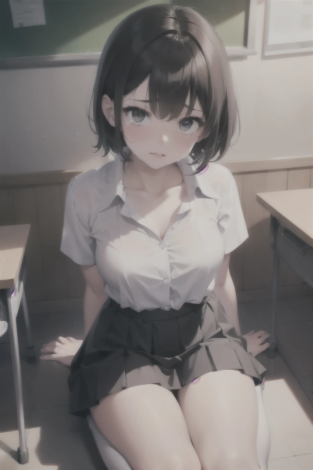 NSFW、Naughty junior high school girls、Black Haired Beautiful Girl、Naughty lips、Short-sleeved uniform、Blouse with white collar、Loosened tie、small breasts with bulge、Collarbone in full view、A little bit of cleavage is visible、No bra、Blue pleated skirt、Sexy thighs、Inner thighs、Hide your arms behind your back、Looking up、Watery eye、Drenched in sweat、classroom