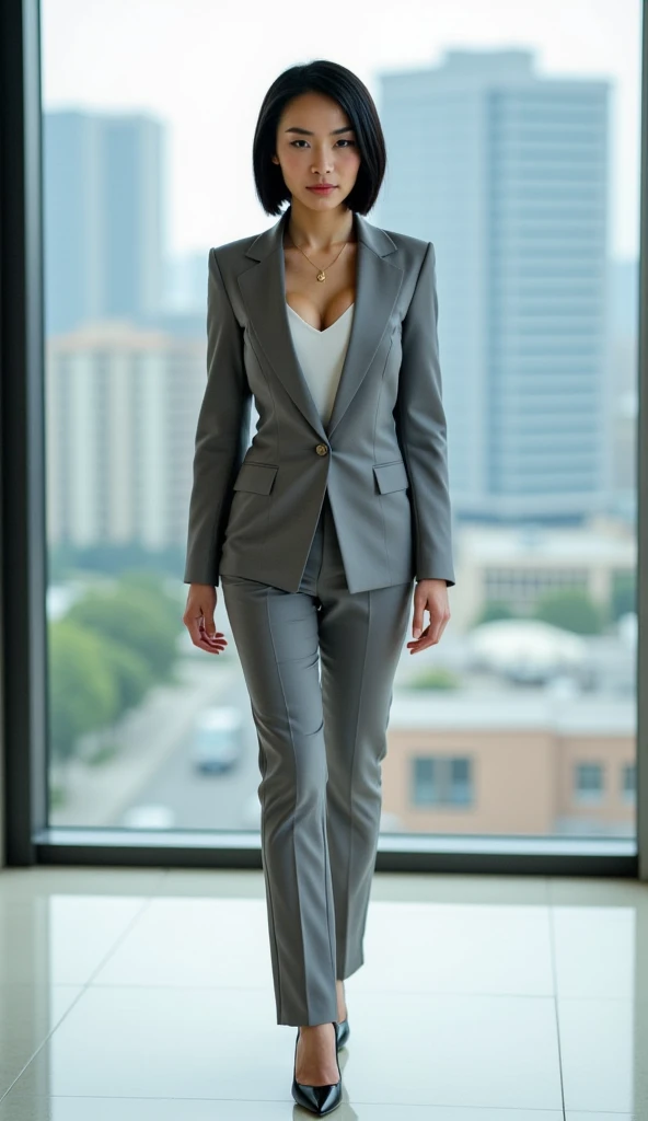 Aishwarya rai as corporate lady, grey satin formal trousers, satin shirt, open unbuttoned coat, high heels, athletic curvy figure, open hair, seductive pose in balcony, day scene, hourglass figure, small breasts, fit, seductive face, look at camera and wink, erotic adult face, 40 yo, soft volumetric lights, intricate details, (ArtStation:1.2)