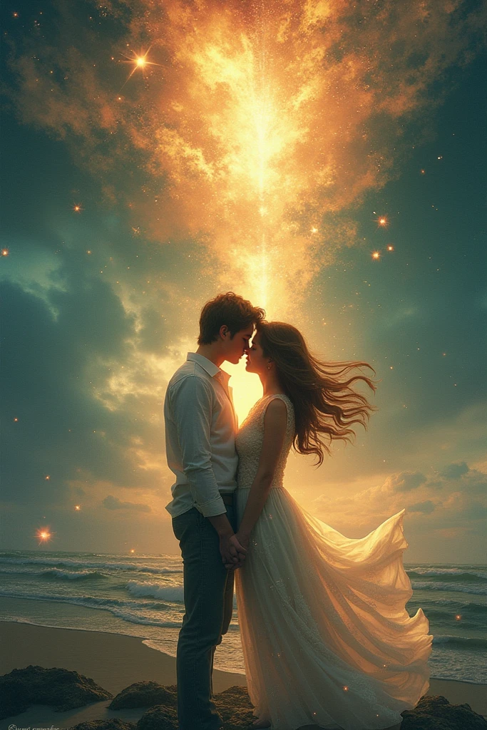 Sacred love ween man and woman. With the background of the infinite universe
