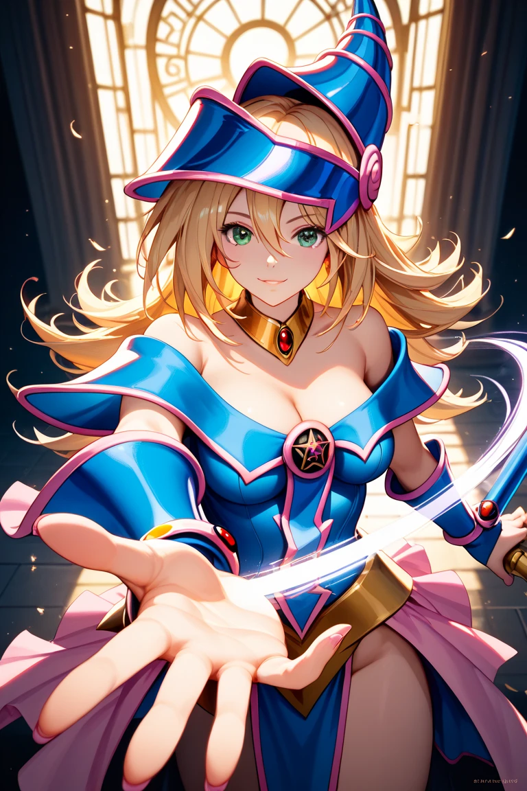 1woman, Dark Magician Girl (Yu-Gi-Oh) Hugging a stuffed pengin, cute mini-skirt, Blond Hair,, blue Eyes, Nice breast, Hig details art, Magic Effects, 4k, 8k.