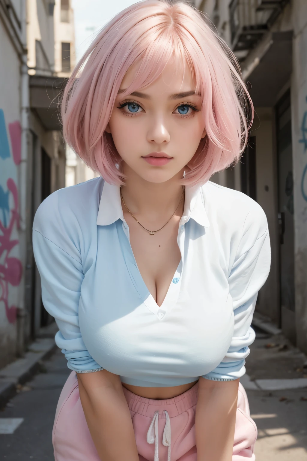 Beautiful French Korean mixed leaning forward, medium closeup, 1girl, solo, huge round tits, cleavage, fit body, long detailed eyelashes,
(detailed blue eyes:1.2), full lips, (detailed white skin texture:1.1), (minimum hair, realistic hair:1.2),
HAIR: (pink hair, bob_cut hair: 1.1),
CLOTHING: (baggy sweatpants, oversized shirt), BREAK;
LOCATION: abandoned street with graffiti, daytime,
EXPRESSION: (seductive look at viewer), passionate look,
soft lighting, depth of field, (photorealistic), Ultra High Definition, Raw Photo,