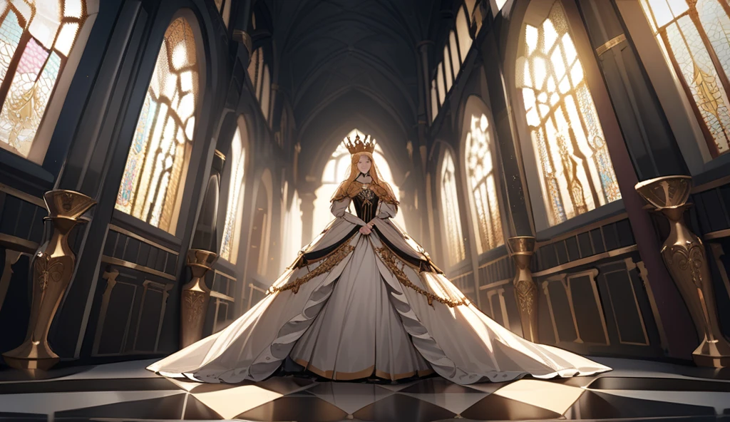 Rainha Elizabeth II sentada no trono. Roupas cerimoniais. Lounge medieval amplo e luxuoso. piles of gold coins and treasures galore scattered across the floor. Cores vermelho e branco. Panoramic view of the landscape.