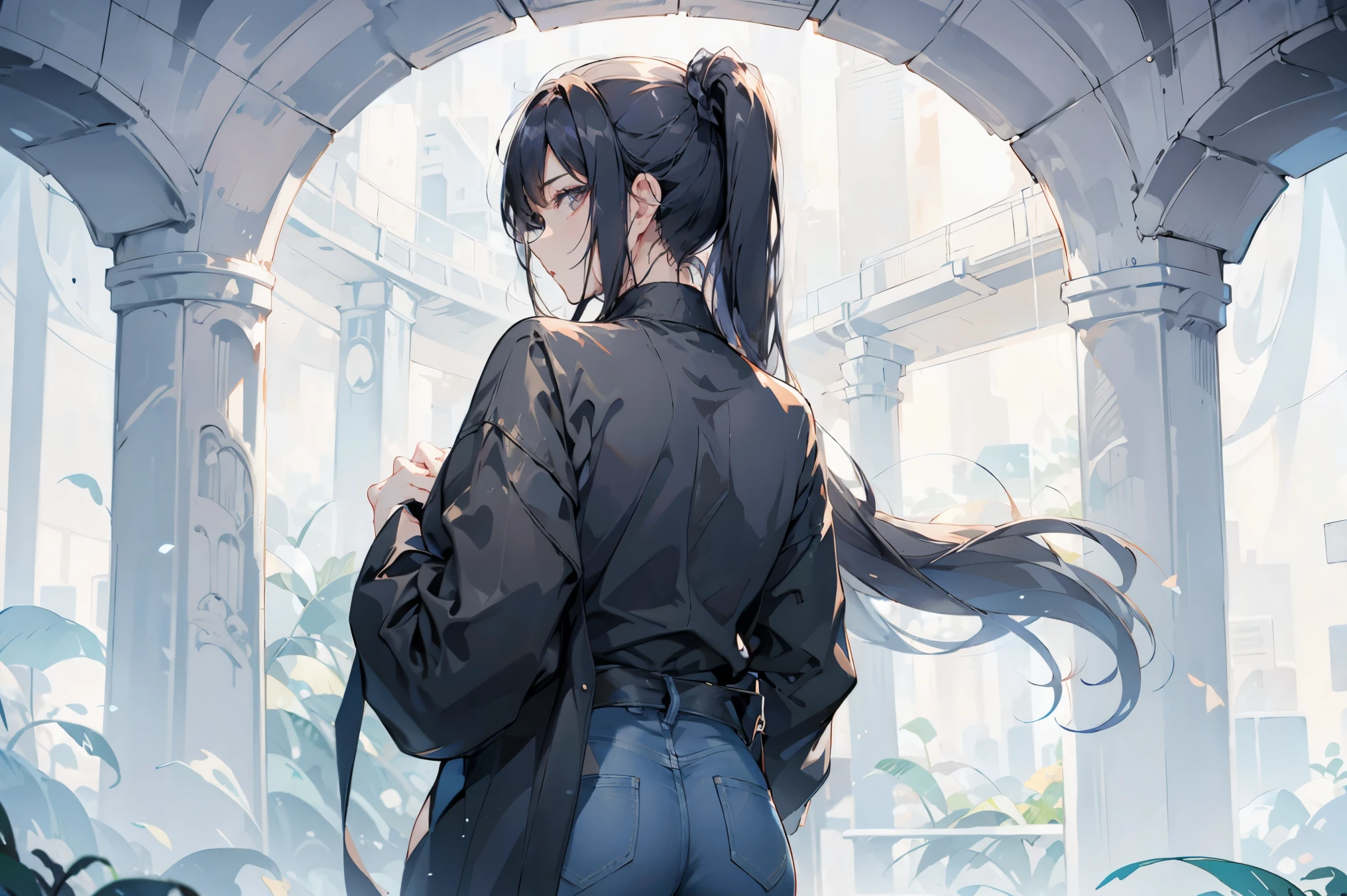 changing clothes。Back view while taking off a jacket。wearing a black t-shirt